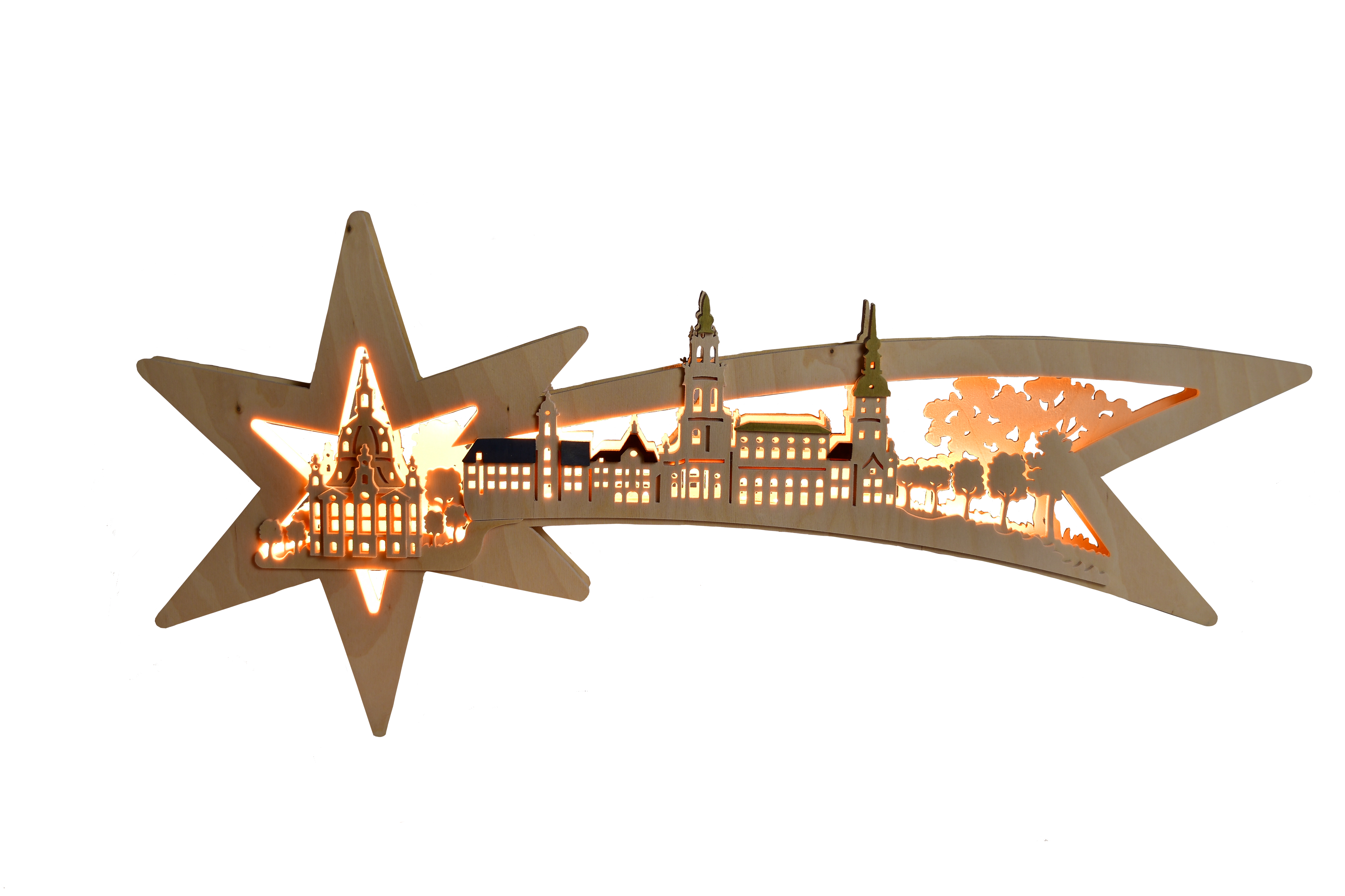 Window picture, illuminated, star trail, Dresden, coloured roofs