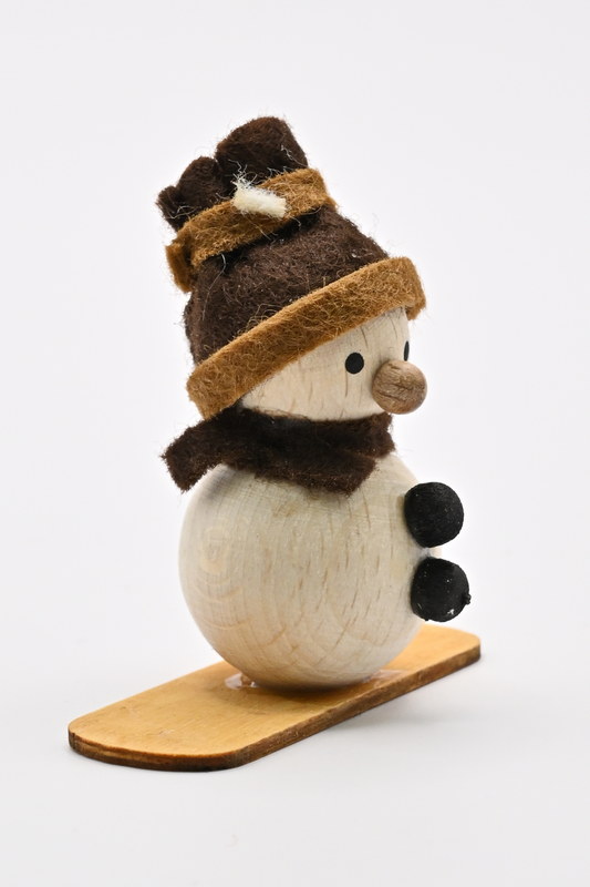 Natural snowman, on snowboard, brown hat, H 4 cm