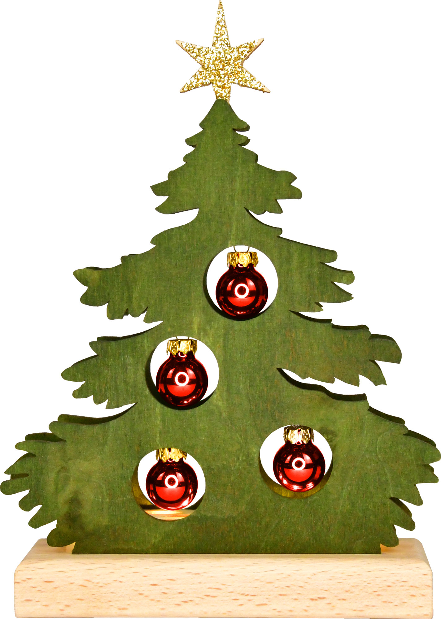 Mini fir tree, stained green, red baubles, half USB