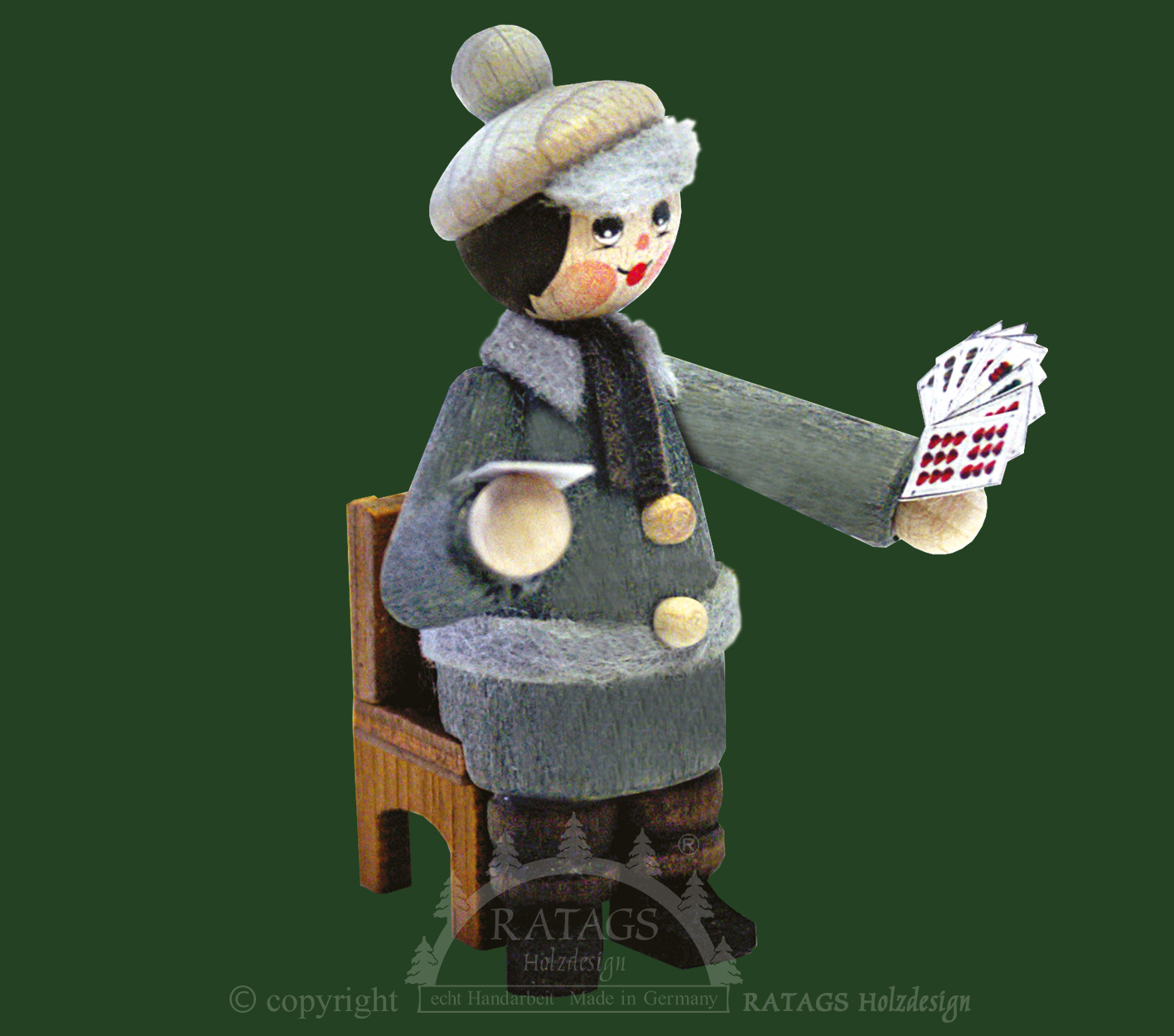 Figurka, gracz w skata z krzesłem, szary, karty do gry