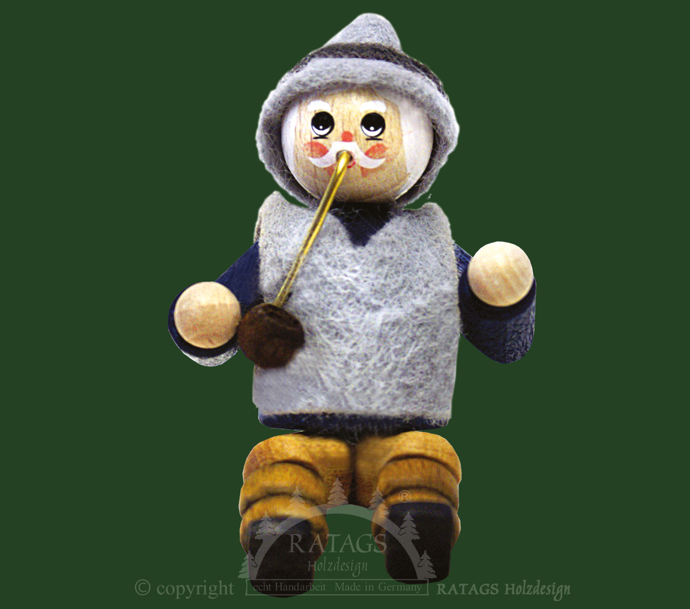 Statuetta, nonno seduto senza sedia, pipa, blu