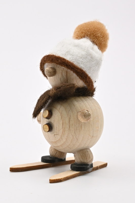 Natural snowman, on skis, white hat, H 5 cm