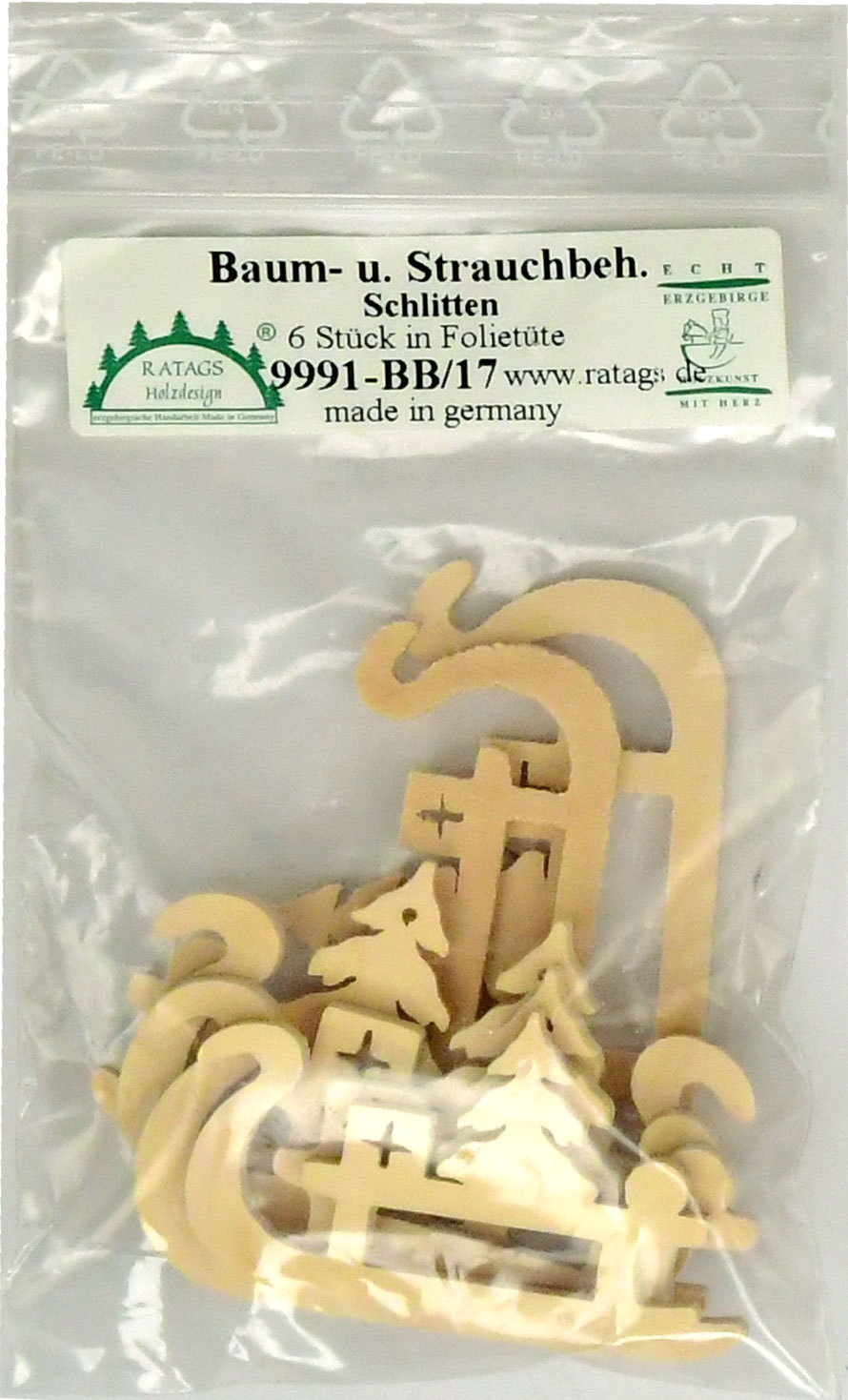 Miniature sleigh, 6 pieces. Foil bag