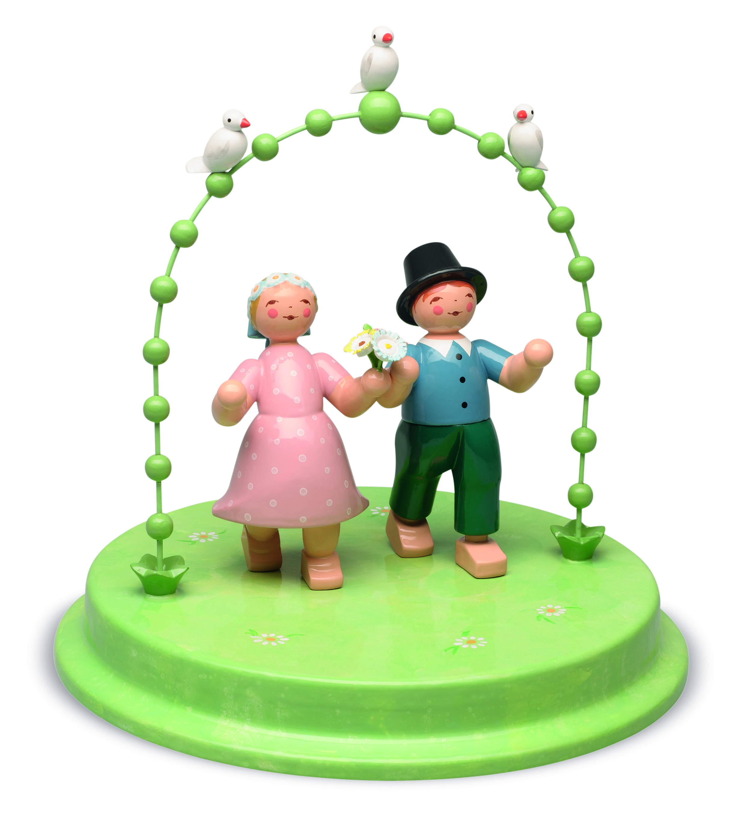 Liebespaar im Bogen mit drei Täubchen