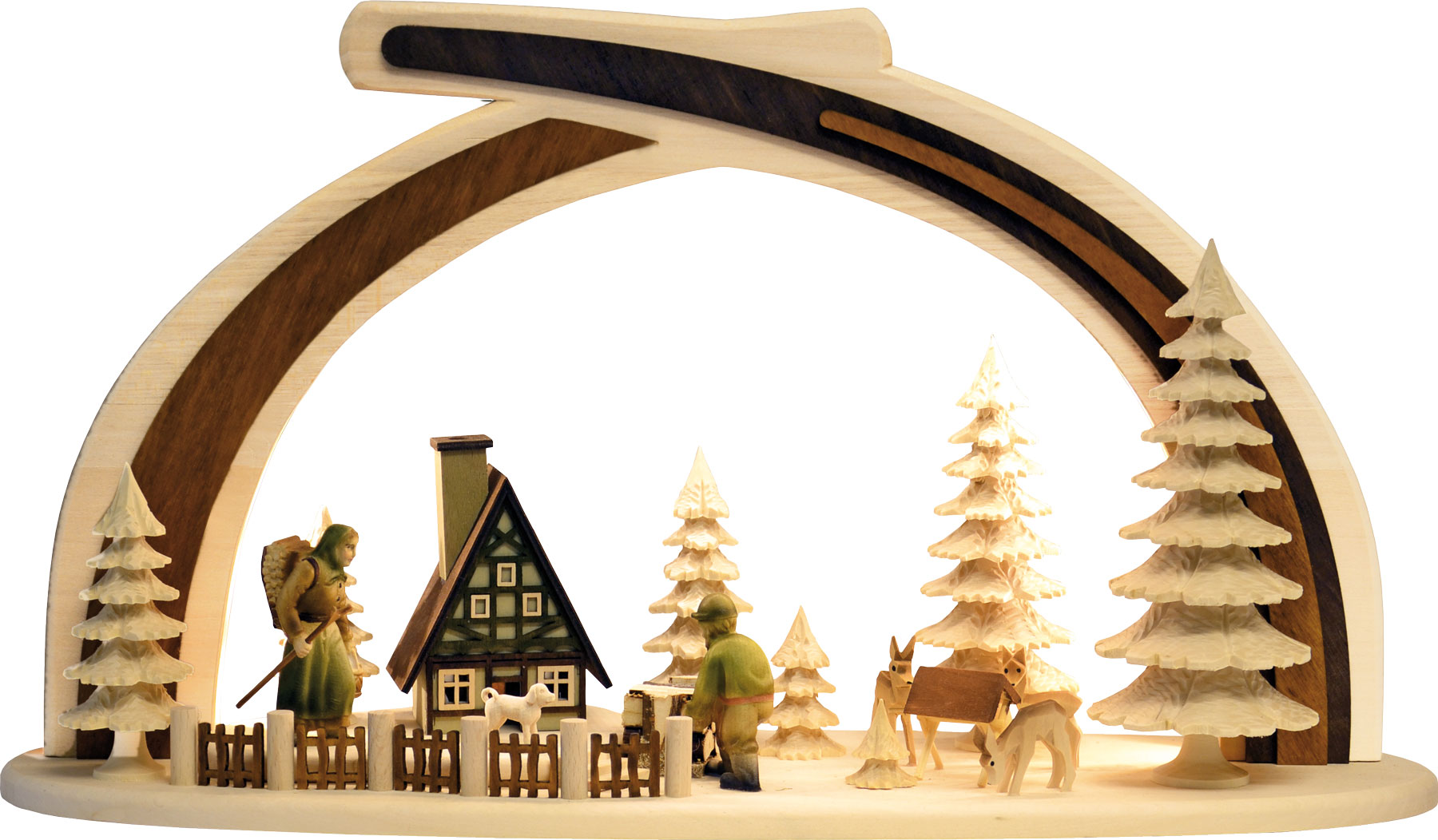Massivholzbogen, Häuschen im Wald colorierte geschnitze Figuren, LED-Bel.