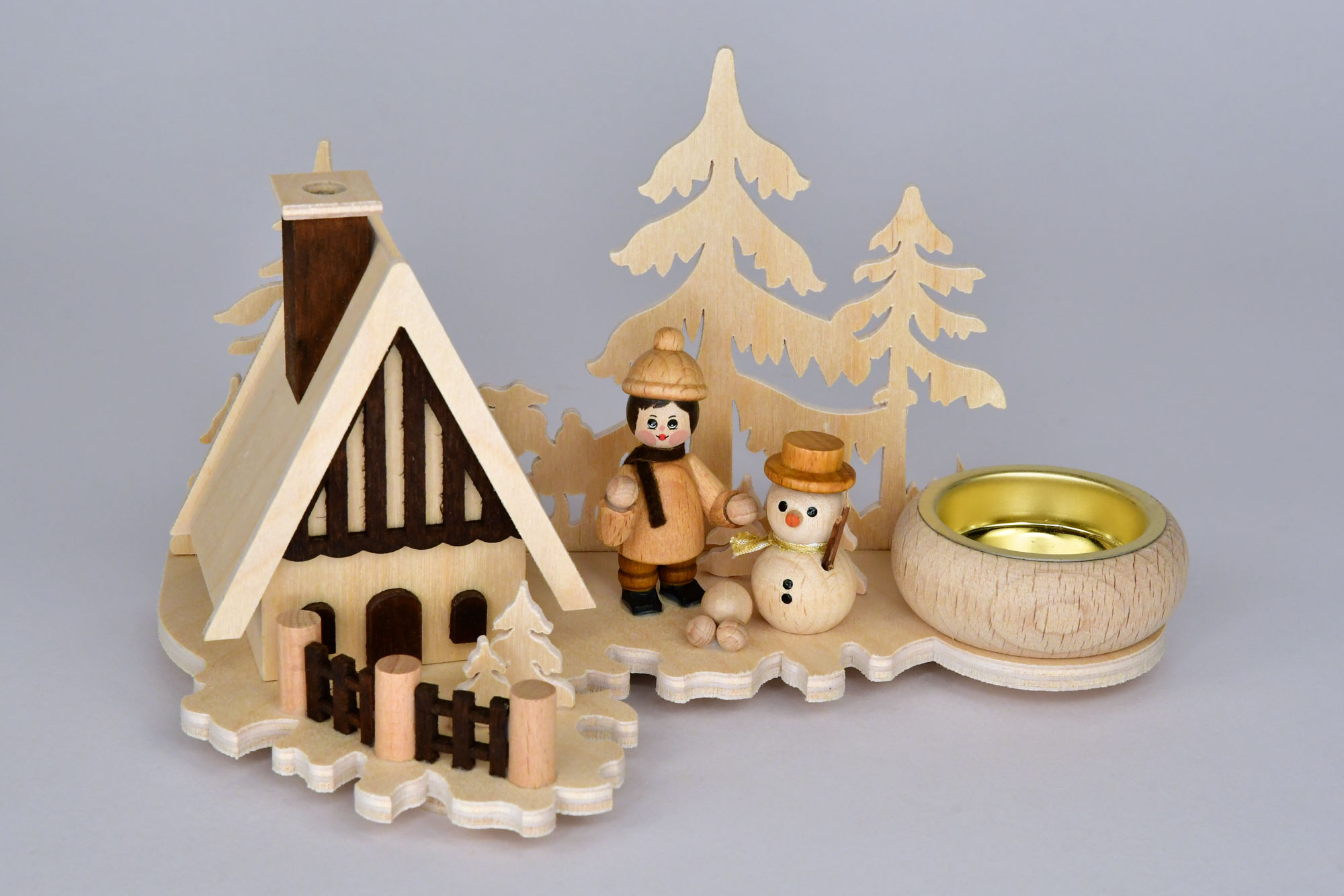 Teelichthalter mit Räucherhaus, Winterkind, Schneemann