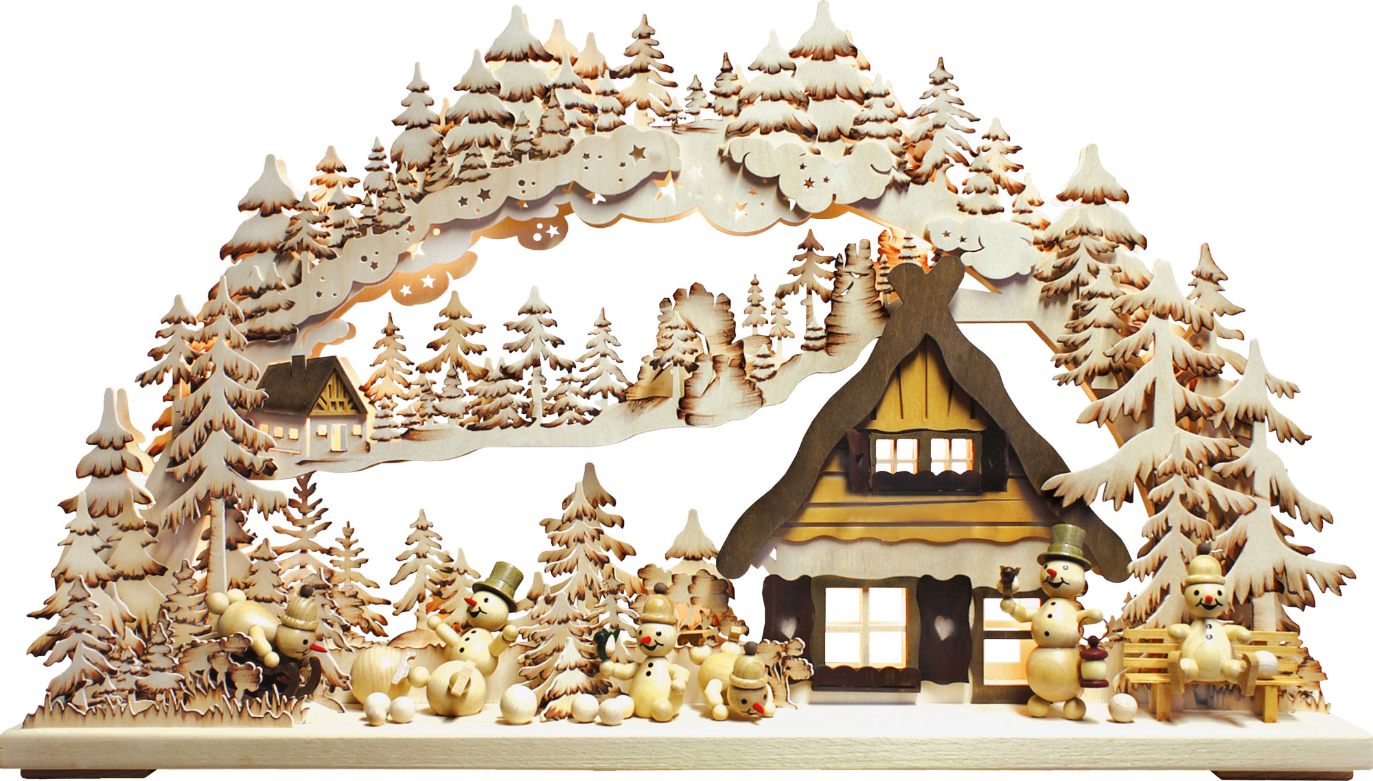 3D-Schwibbogen gr., Schneemannparadies, handbemalt, braun