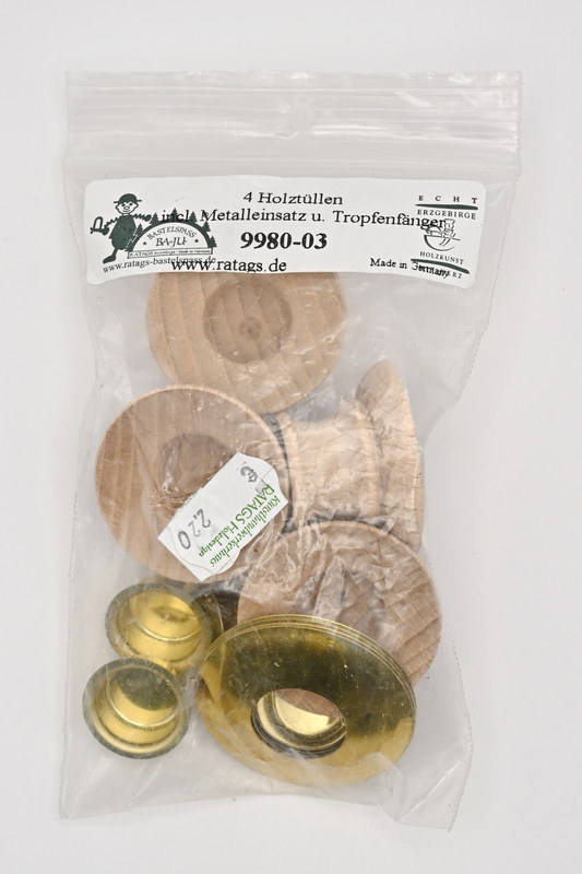 Wooden sleeve with brass insert, set of 4 candle holders complete with drip catchers