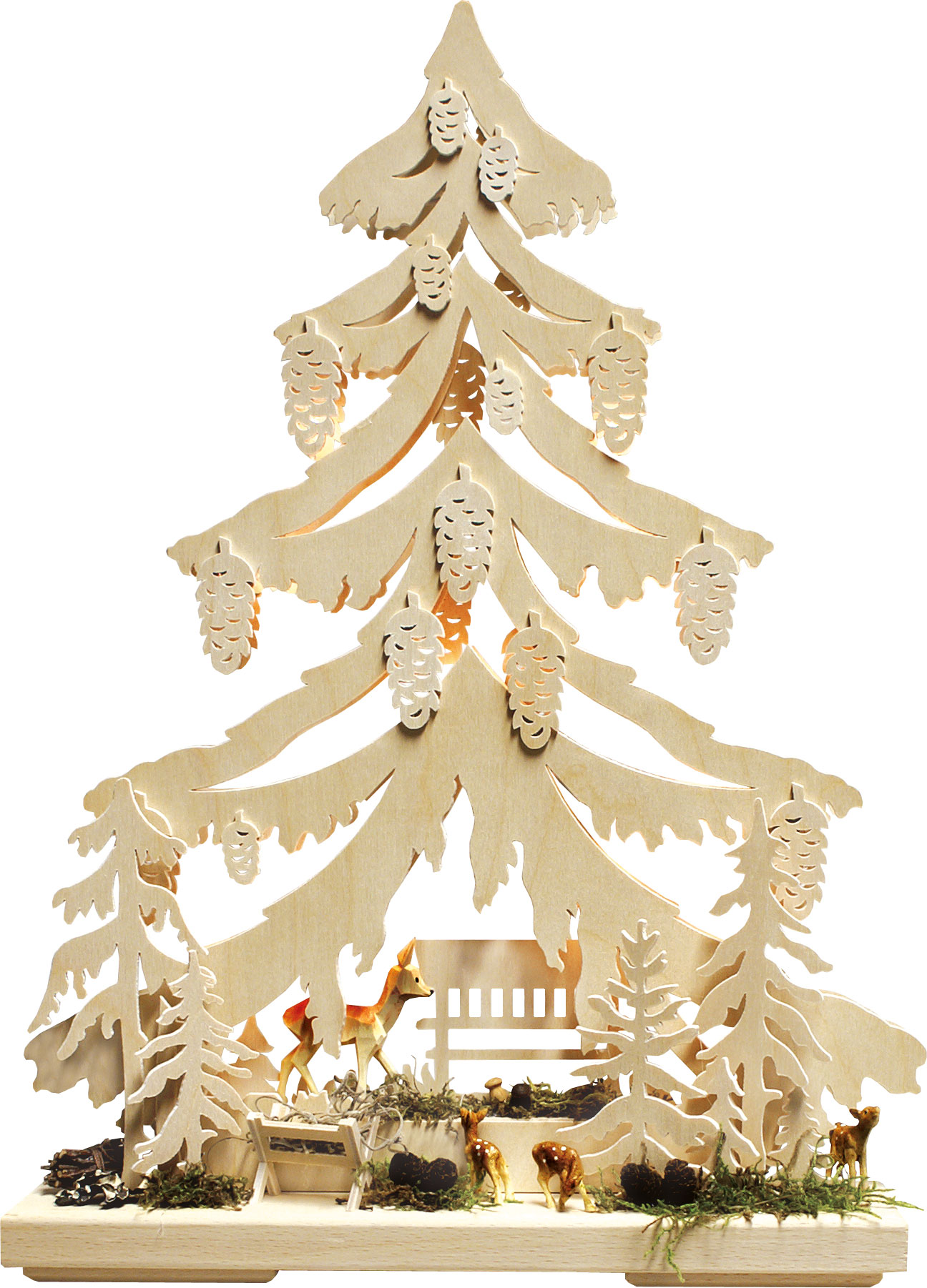 Small fir tree, feeding trough, fawn