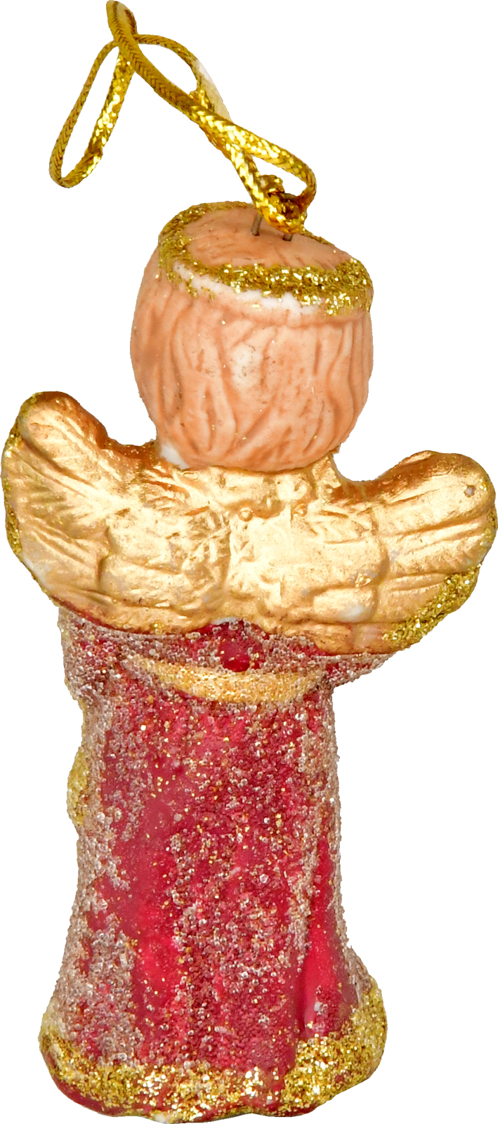 Keramikengel, mini, mit Trompete, zum Hängen o. Stecken, Weinrot/Gold, Glitter