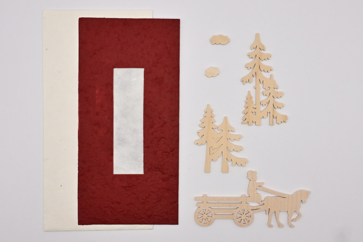 Card, burgundy, with accessories