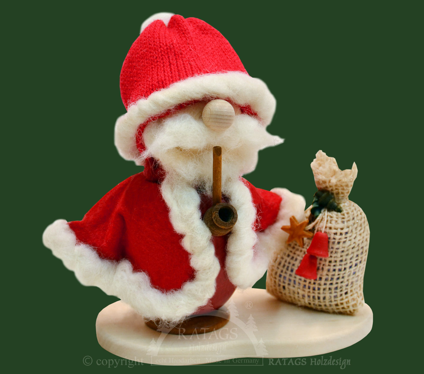 Räuchermann, Weihnachtsmann auf Platte, roter Mantel, Geschenkesack