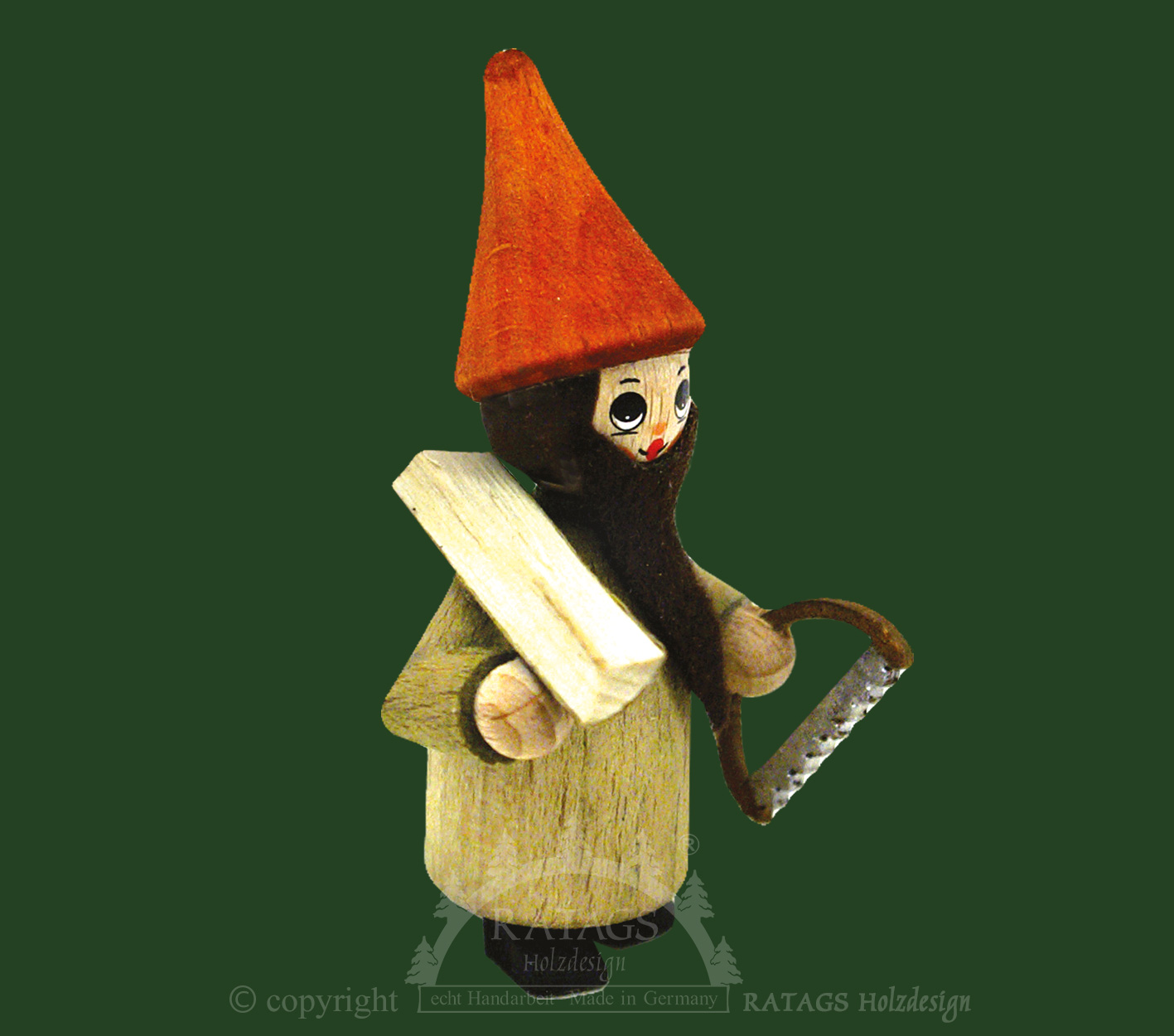 Figure, dwarf with saw, wood, copper