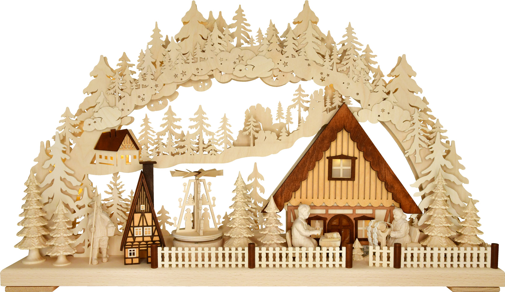 3D-Schwibbogen gr., Erzg. Kunsthandwerk, farbige Dächer, Raureif