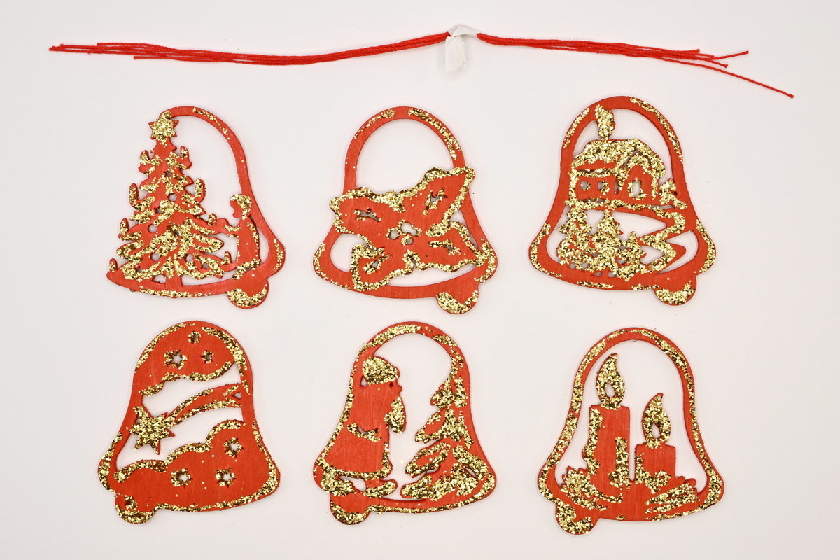 Baumbehang, 6er Set, Glocken, rot-gold