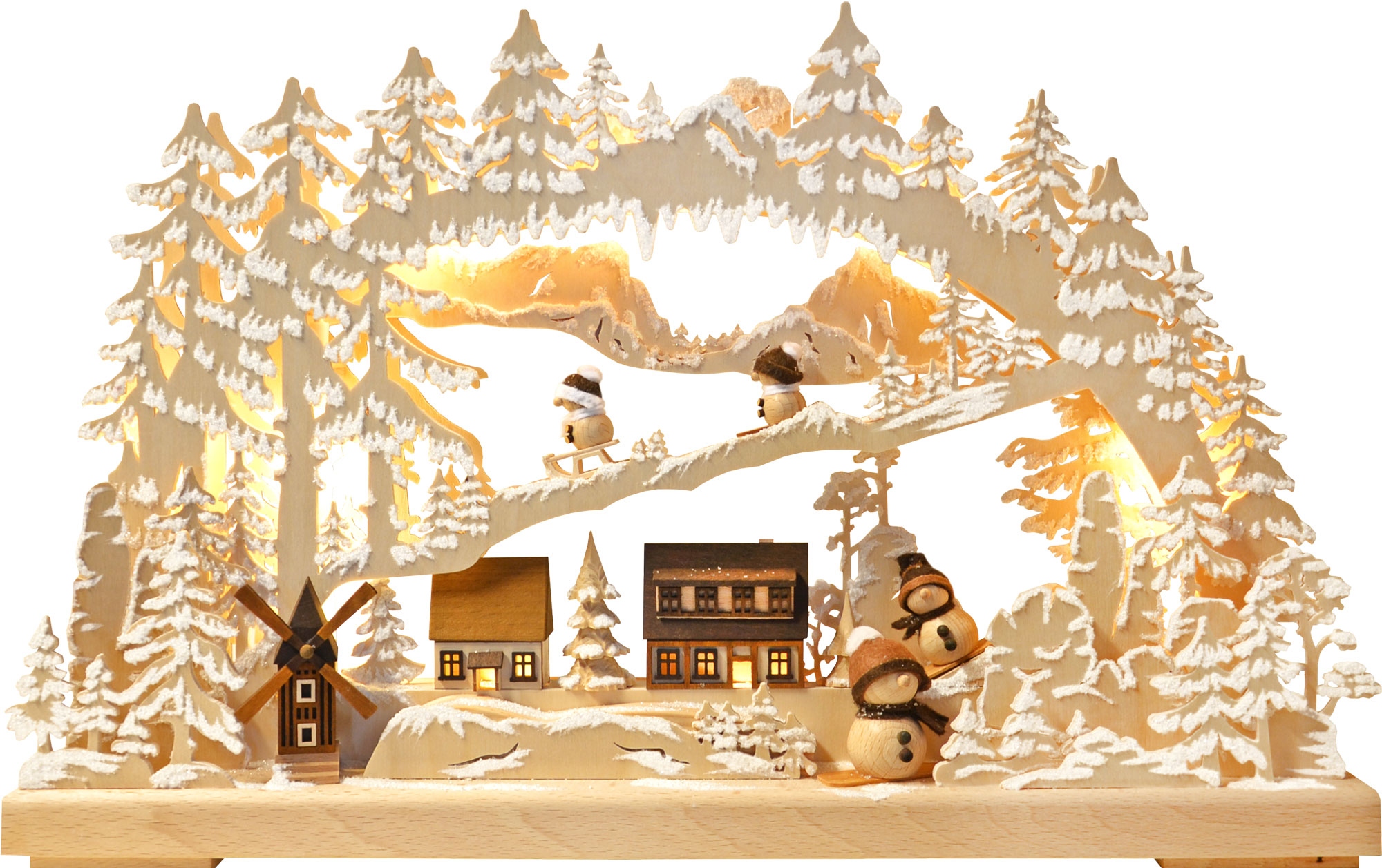 3D-Schwibbogen klein, Winterdorf Raureif, Schneemänner natur