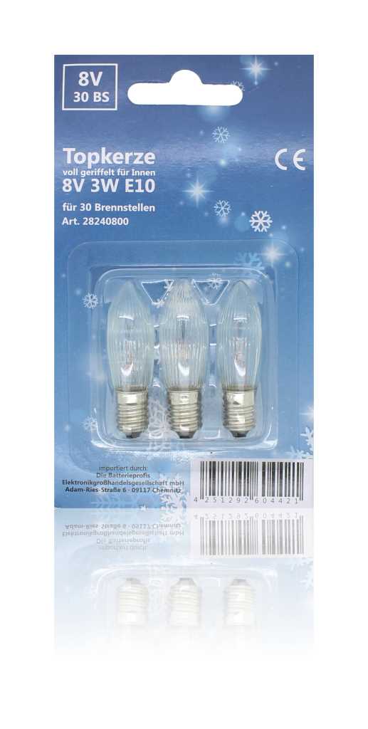 Toppstearinljus, helt räfflat, 8 V, 3 W, El0, 3-pack