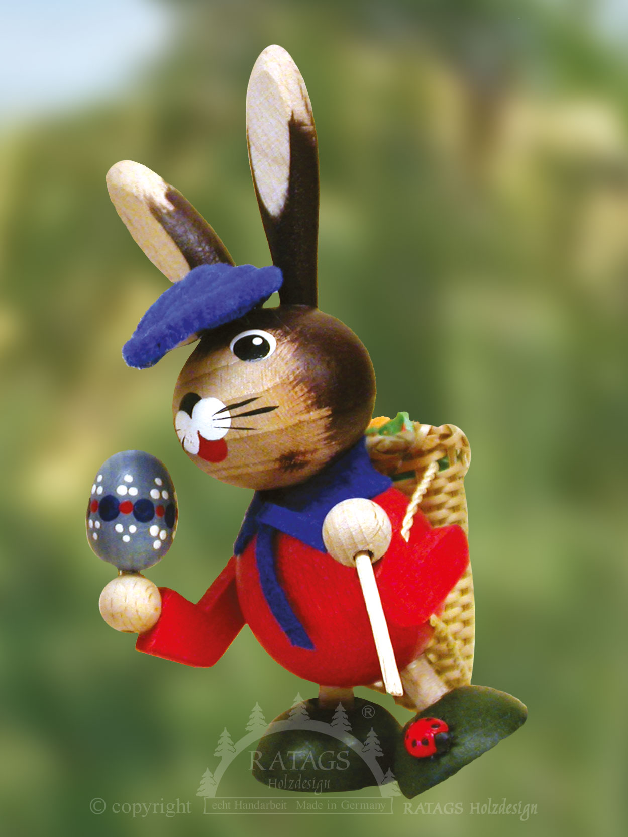 Wobbling bunny, red, with Easter egg and basket
