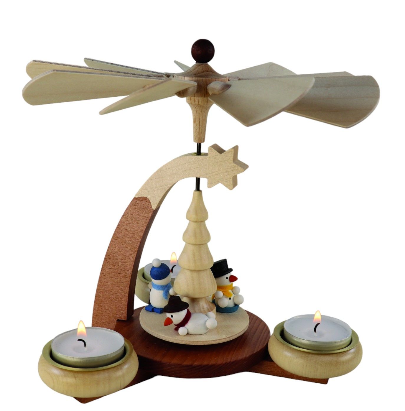 Designer tea light pyramid, light brown/natural Snowmen for 3 tea lights, height 19 cm