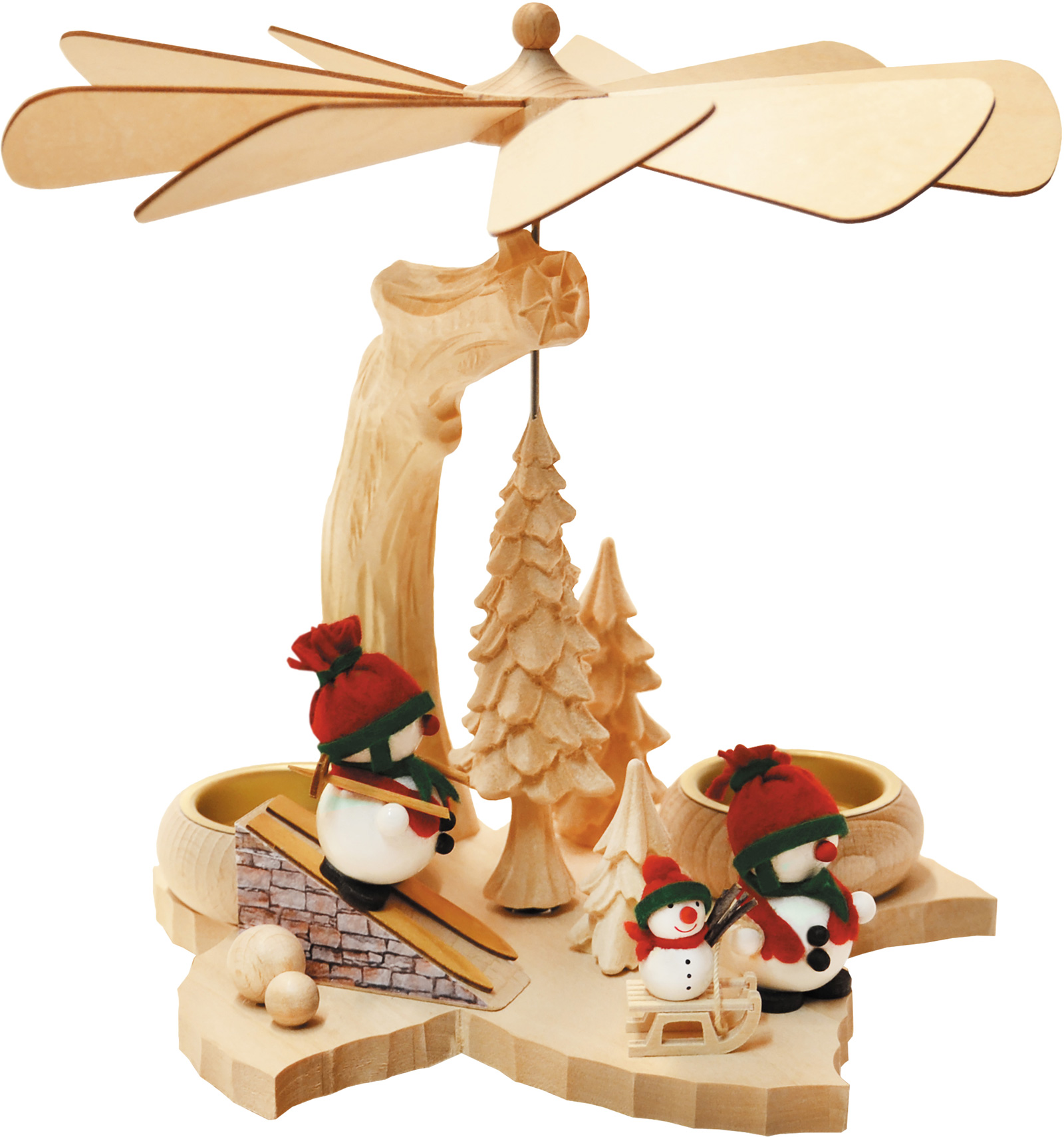 Pyramide en feuilles, bonhommes de neige, bougies chauffe-plat