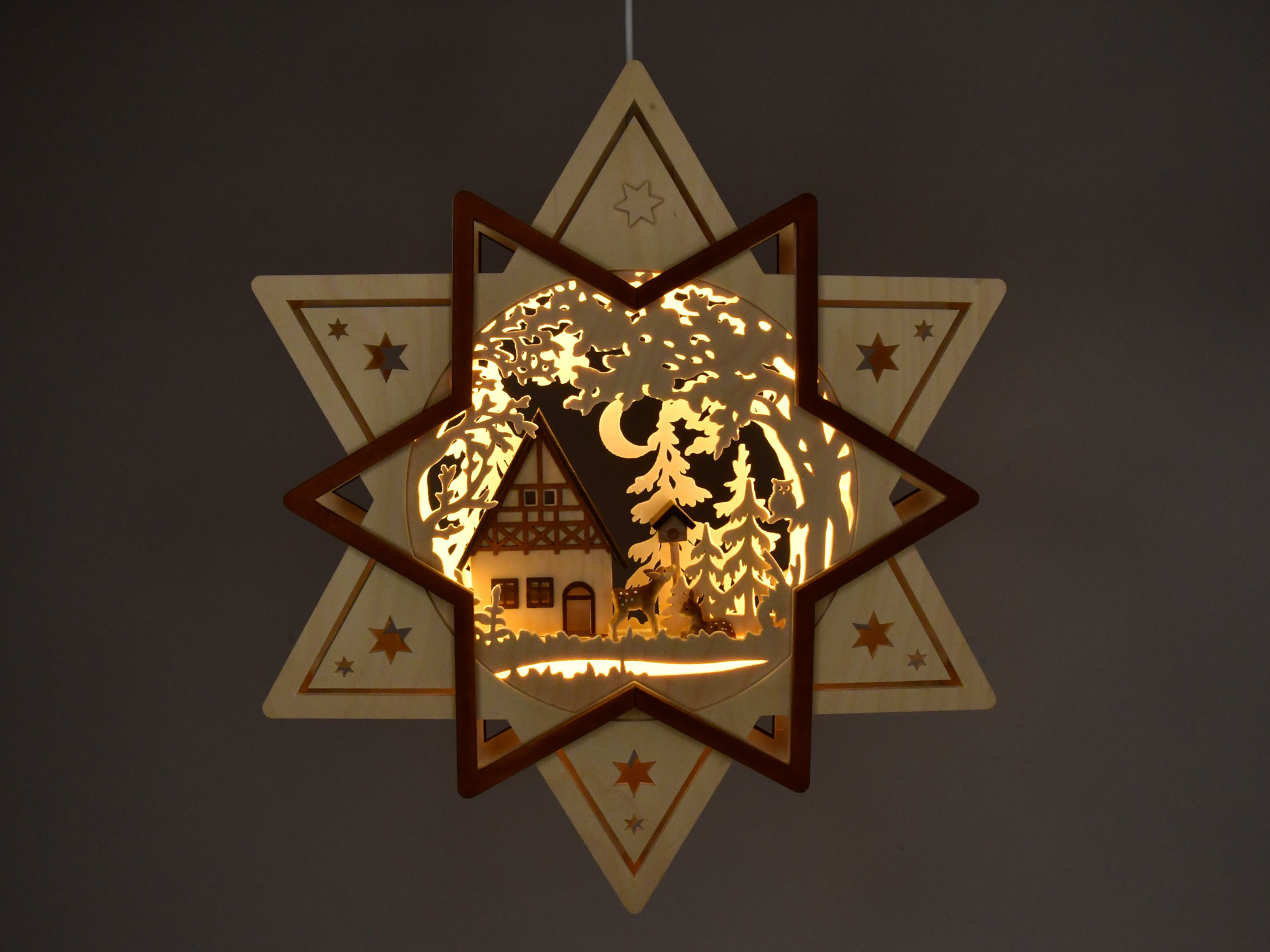 Window picture, illuminated, star with house, forest and deer, LED strip lighting