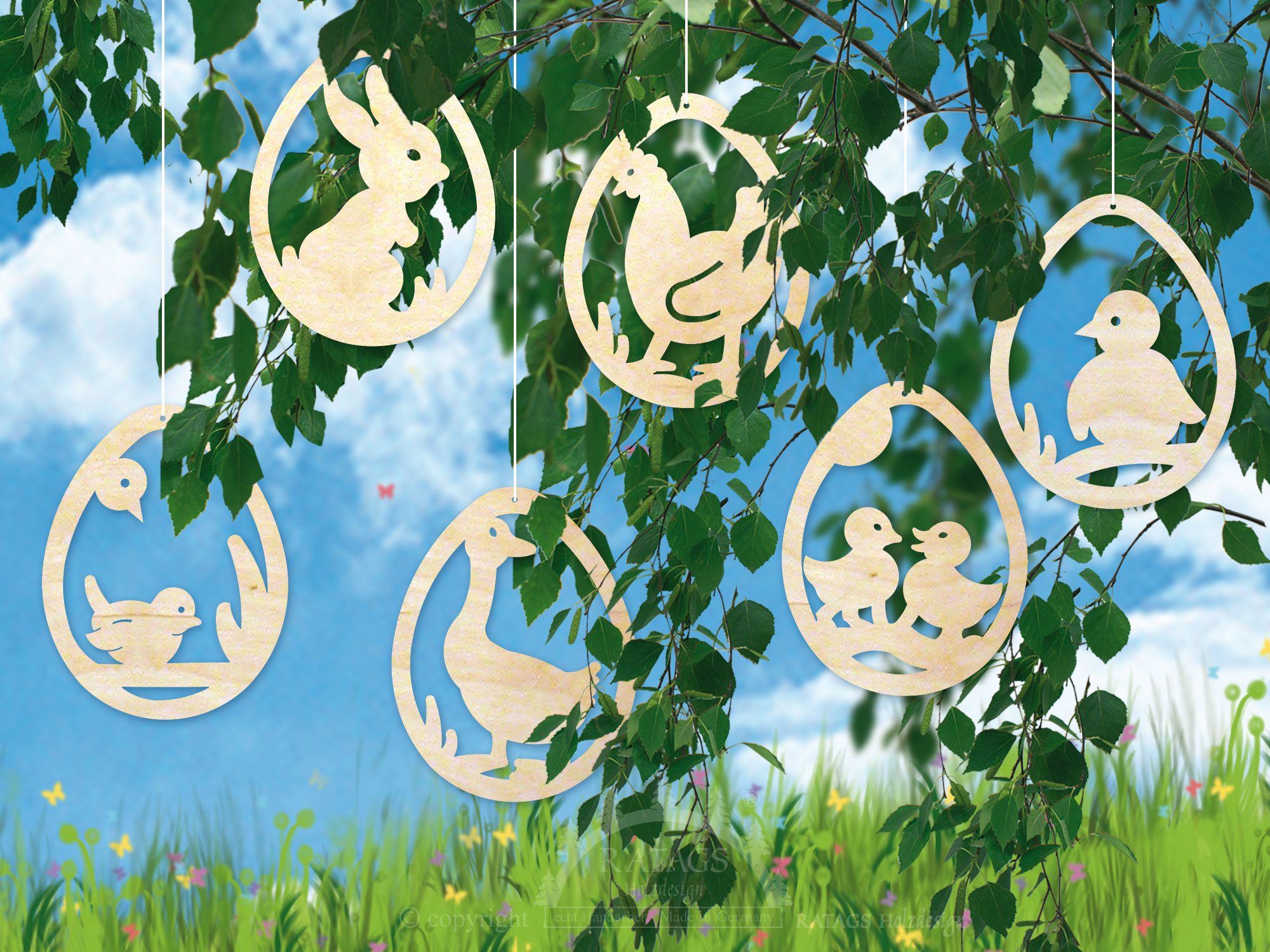 Tree decorations, set of 6, Easter motifs