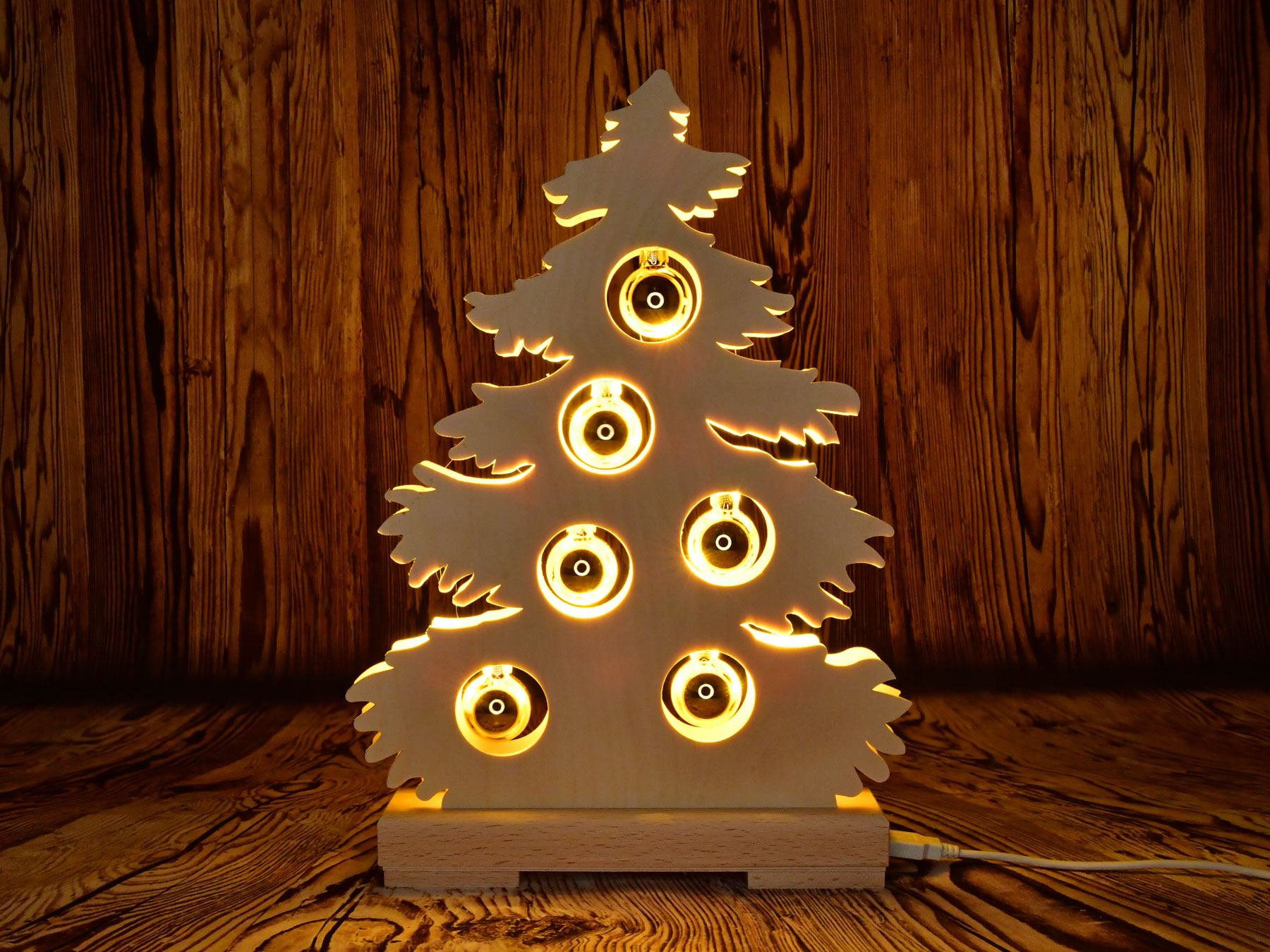Small fir tree, natural, golden baubles, full USB