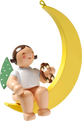 Engel mit Schellenring, im Mond, dunkles Haar