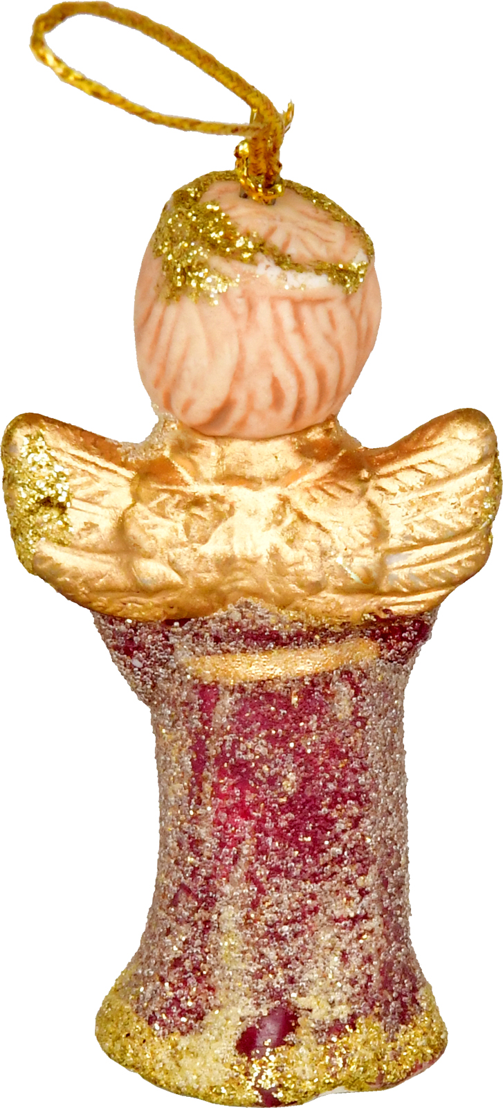 Ceramic angel, mini, with harmonica, for hanging or sticking, wine red/gold, glitter