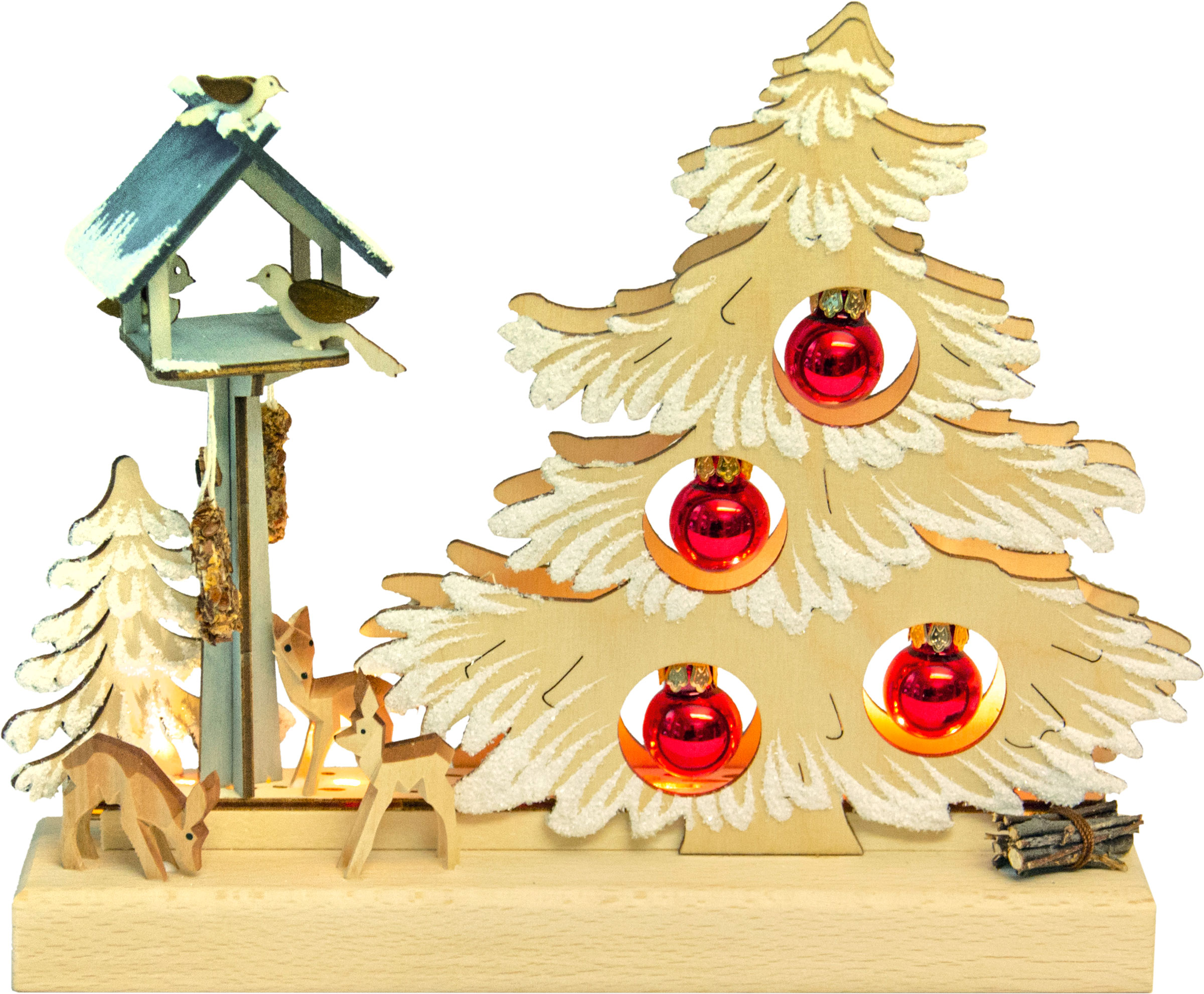 Tischschmuck Tannenbaum mit roten Kugeln, natur, raureif, Vogelhäuschen