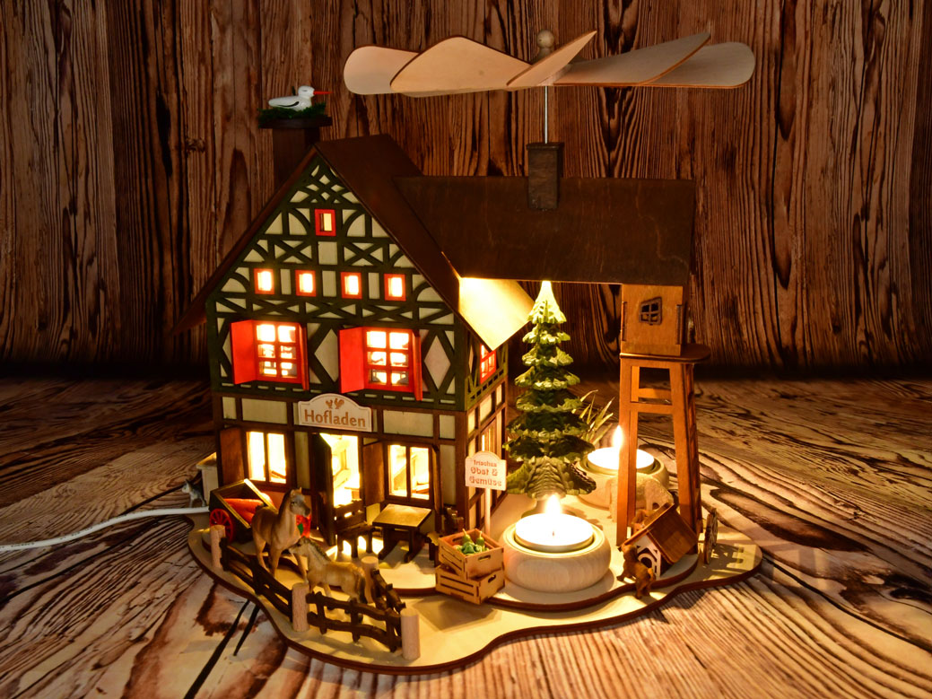 Half-timbered house pyramid, farm shop with LED lighting, half USB