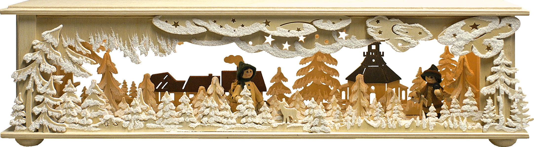 Luminária pequena, vila de Seiffen, floresta, 2 artesãos, geada