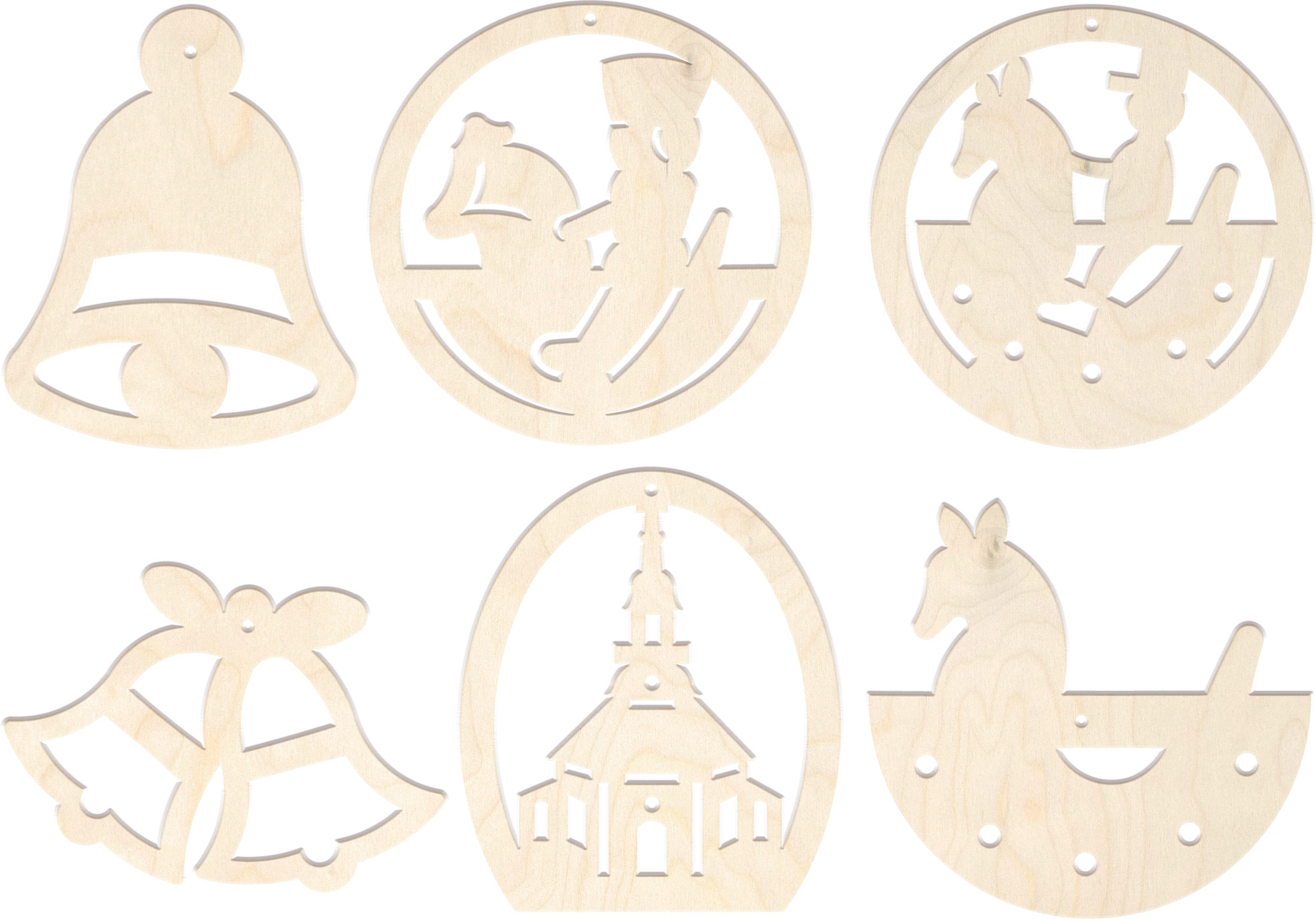 Tree decorations, set of 6, Christmas motifs