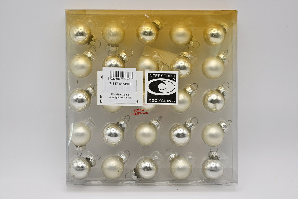 Mini glass baubles, silver/shiny/matt, 25 pcs, Ø 2 cm
