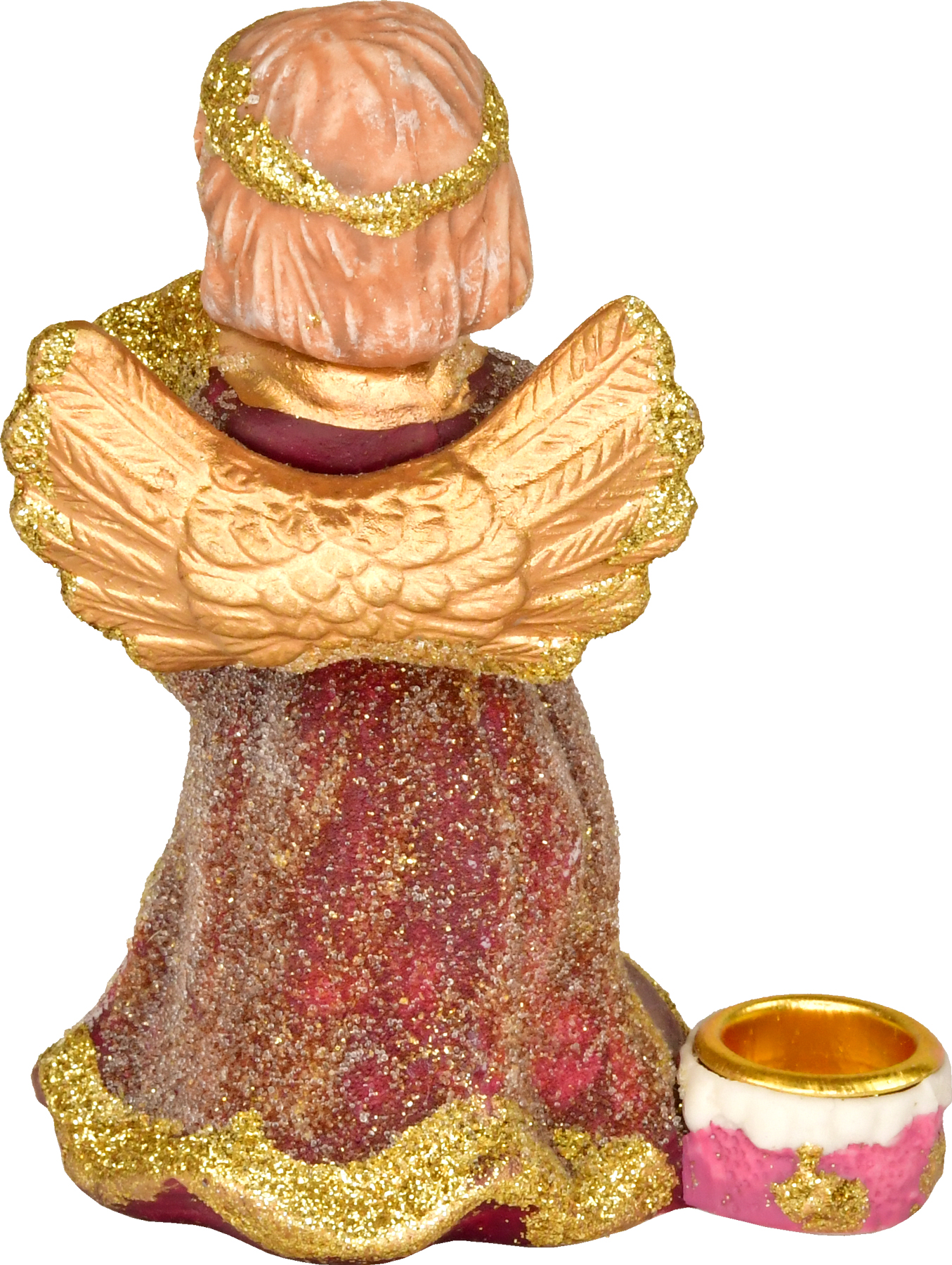 Keramikengel, stehend mit Geige, mit Kerzenhalter, Weinrot/Gold, Glitter