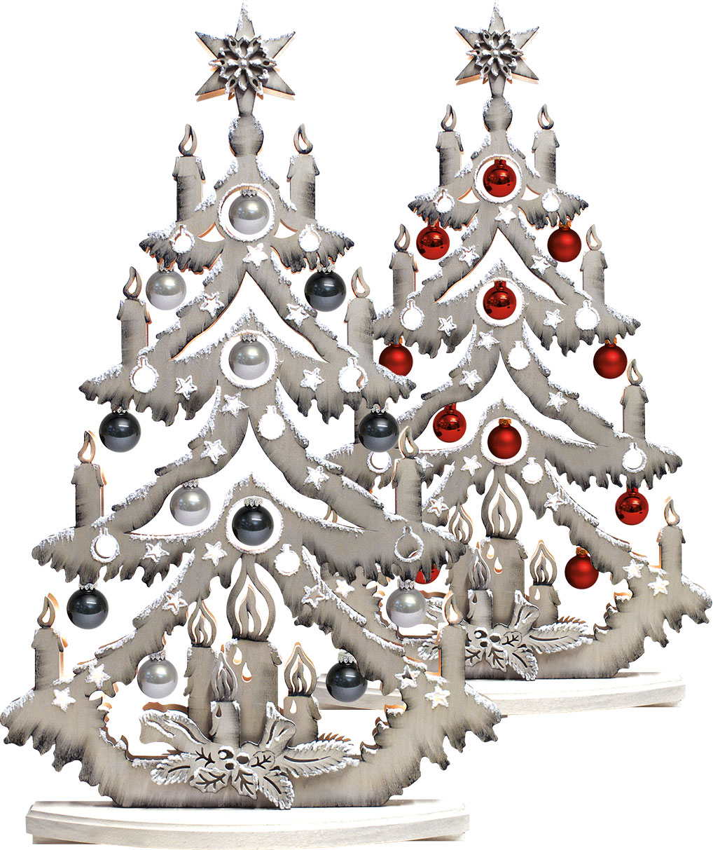 Large fir tree, 2 sets of baubles, red + grey, shiny, coloured, grey, hoarfrost