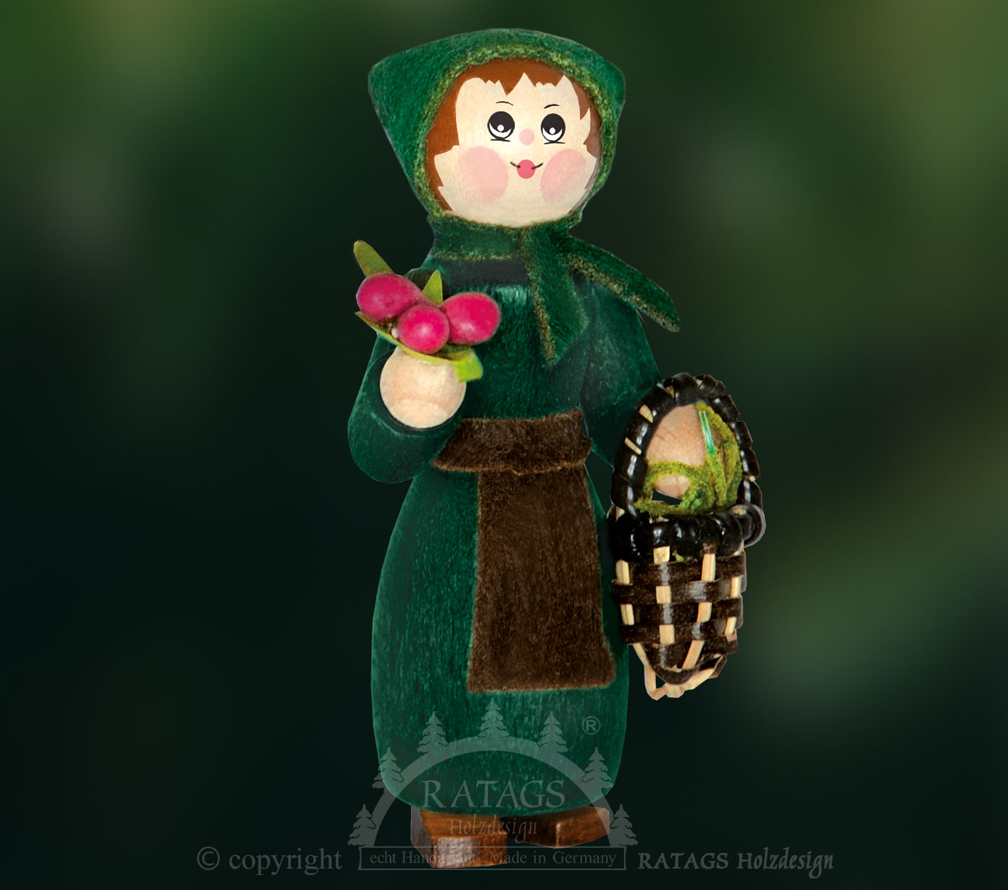 Figure, forest ranger with basket and berries, fir green