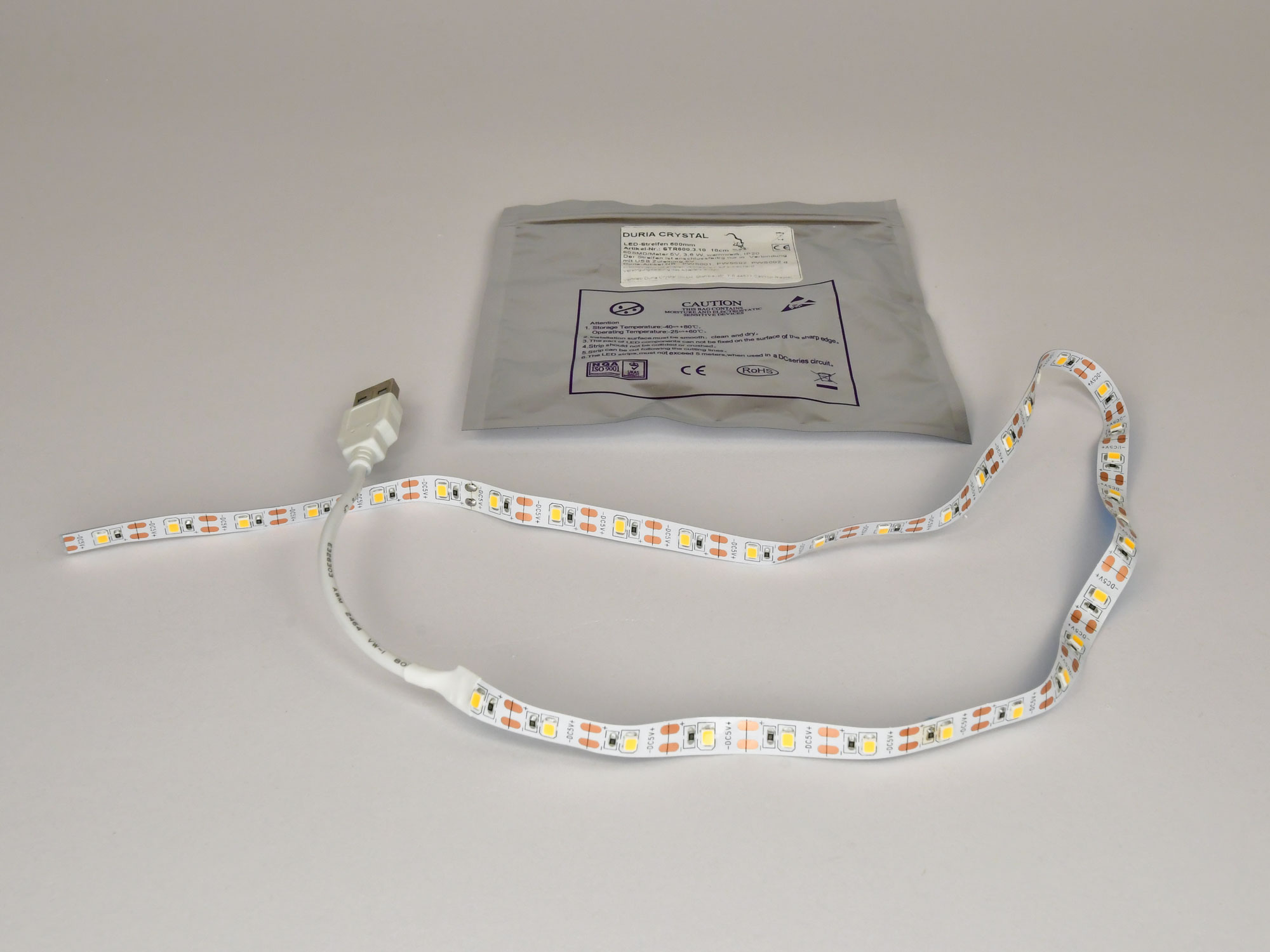 USB-ledstrip, lengte 60 cm, volledige USB, aansluitkabel 10 cm, IP65, USB-stekker vrouwelijk.