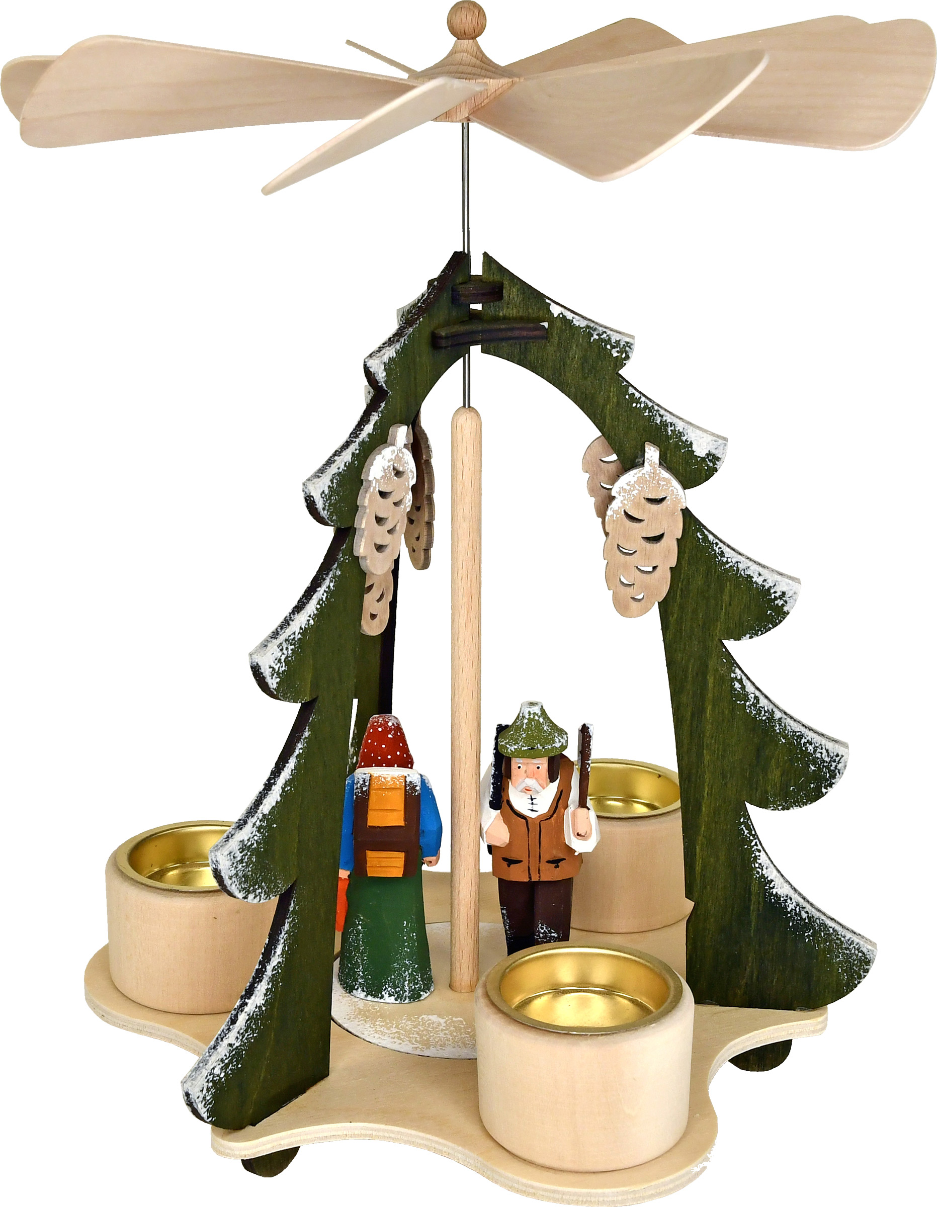 Dreieckspyramide grün mit 2 geschnitzten Figuren Dreieckspyramide grün mit 2 geschnitzten Figuren