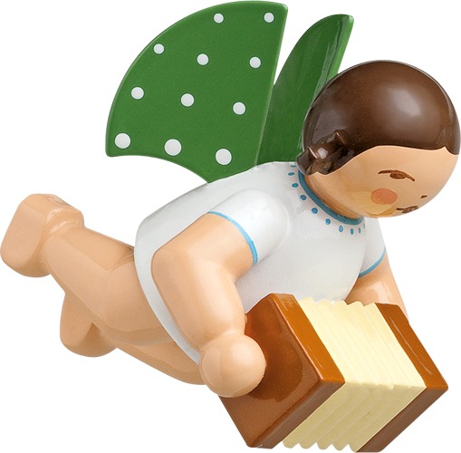 Engel mit Harmonika, schwebend dunkles Haar