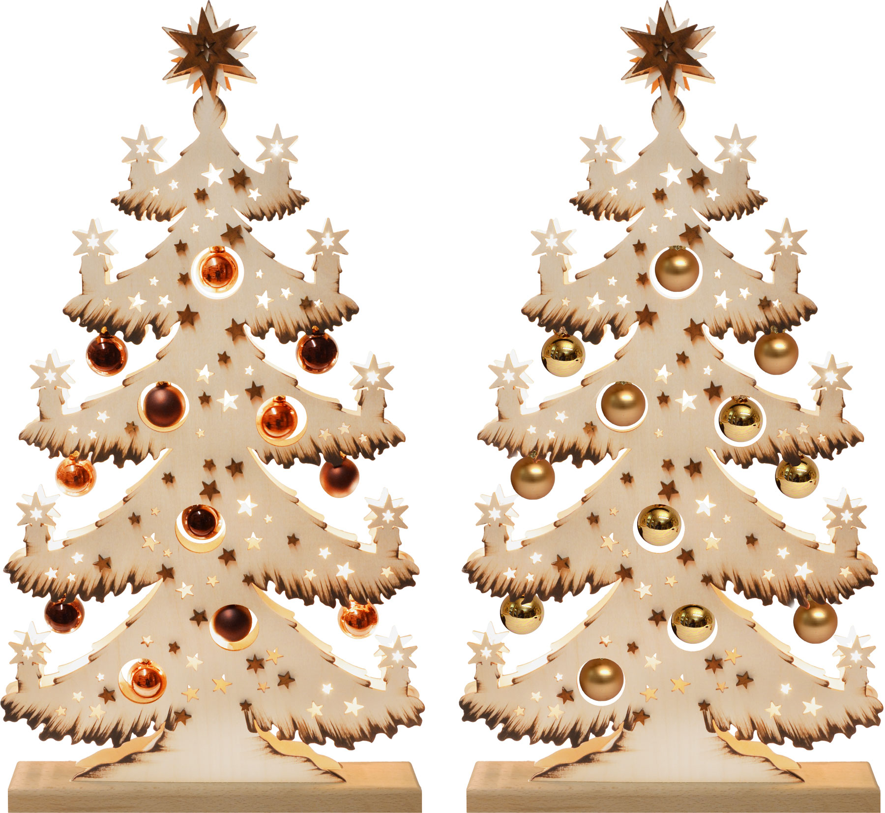 Medium-sized fir tree, set of 2 gold and copper baubles, hand-painted brown