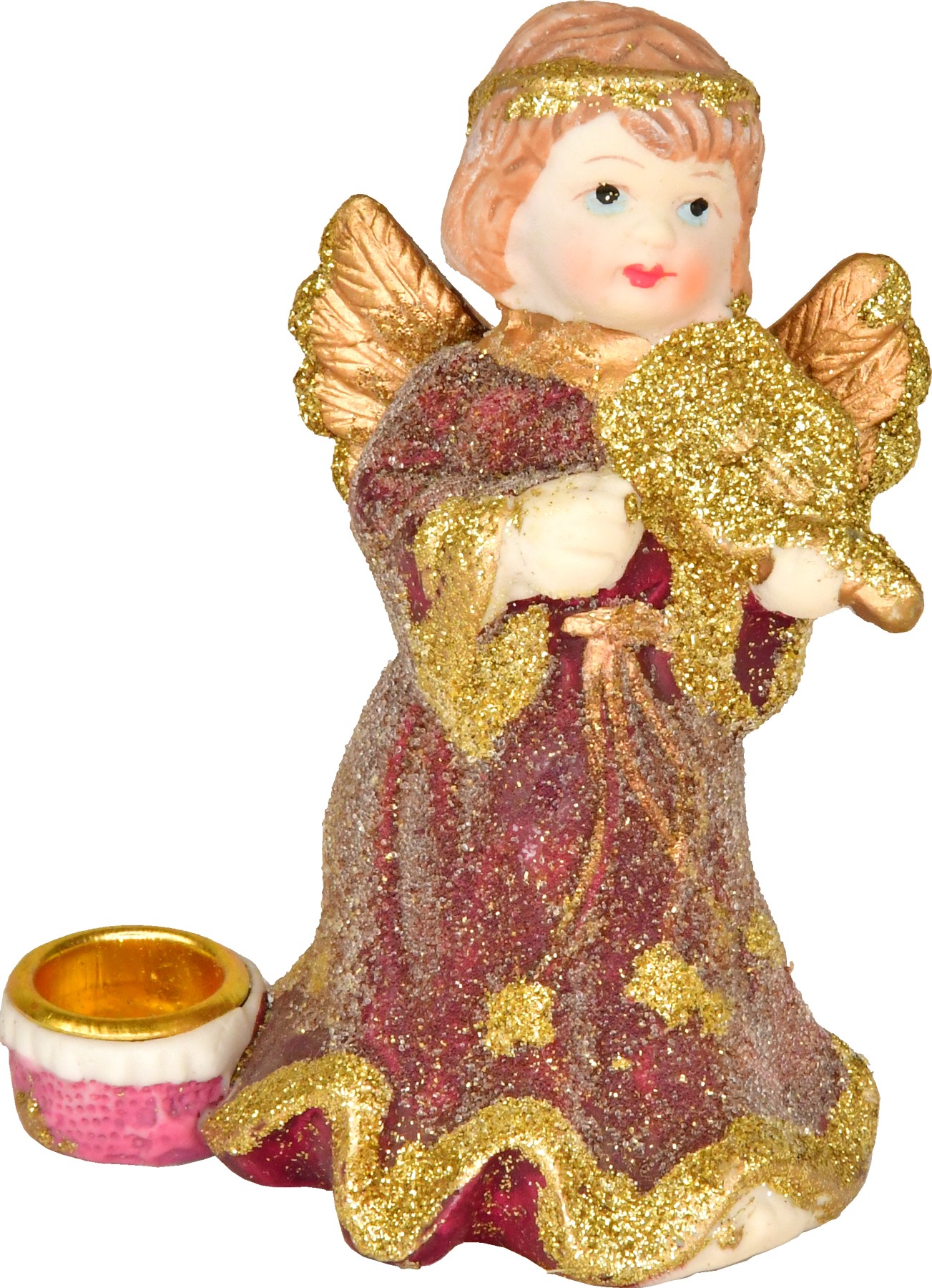 Ceramic angel, standing with violin, with candle holder, wine red/gold, glitter
