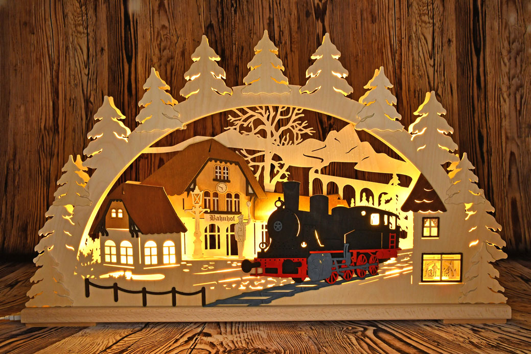 3D-Schwibbogen groß, Bahnhof mit Dampflok 3D-Schwibbogen groß, Bahnhof mit Dampflok