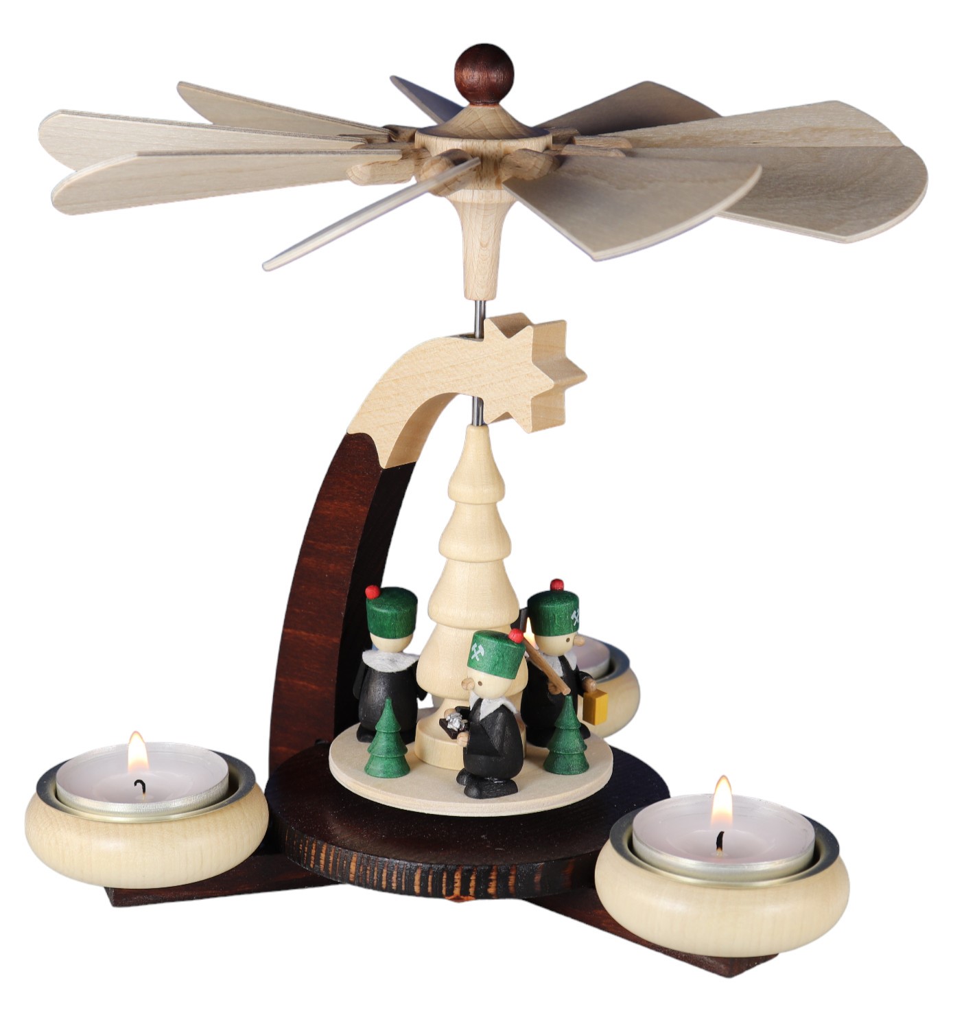 Tealight pyramid, dark brown/natural, miners for 3 tealights, H19 cm