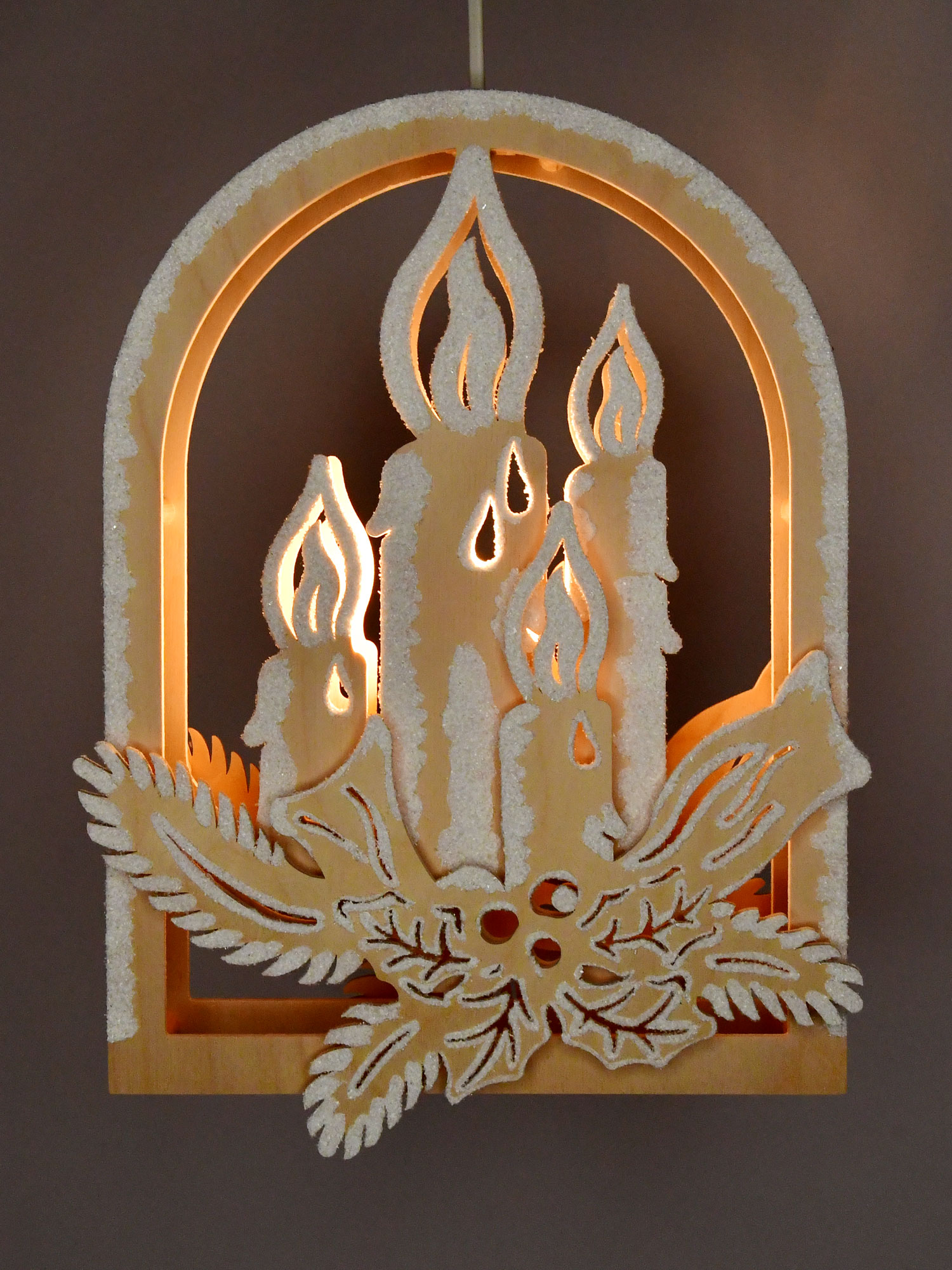 Fensterbild, beleuchtet, Kerze, Raureif Fensterbild, beleuchtet, Kerze, Raureif