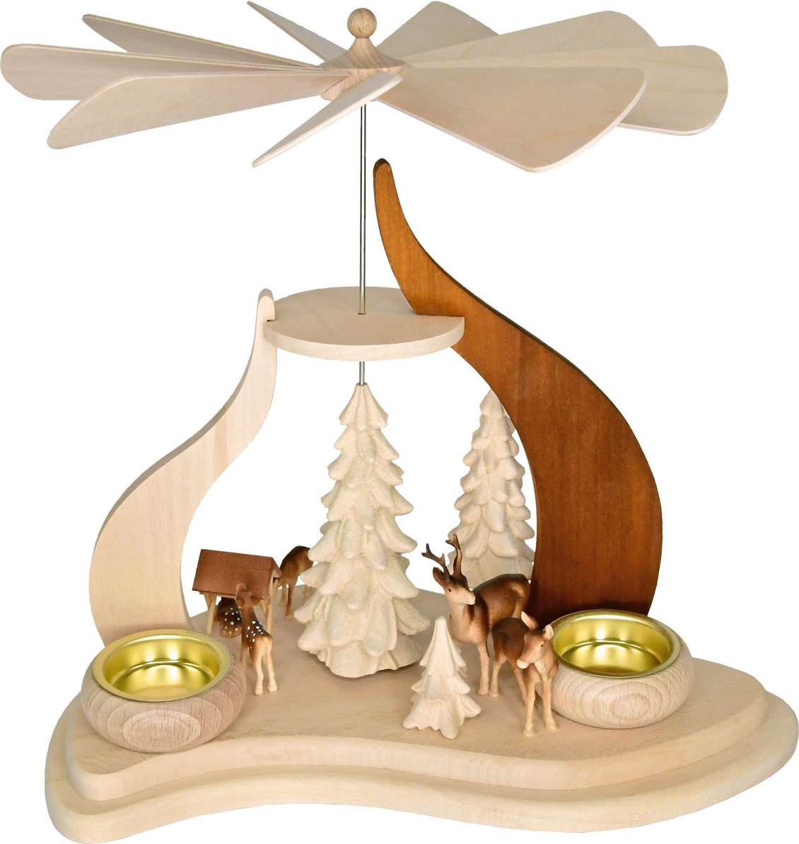 Pyramide en bois massif, cerfs modernes, bougies chauffe-plat