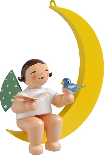 Engel mit Notenblatt, im Mond, dunkles Haar