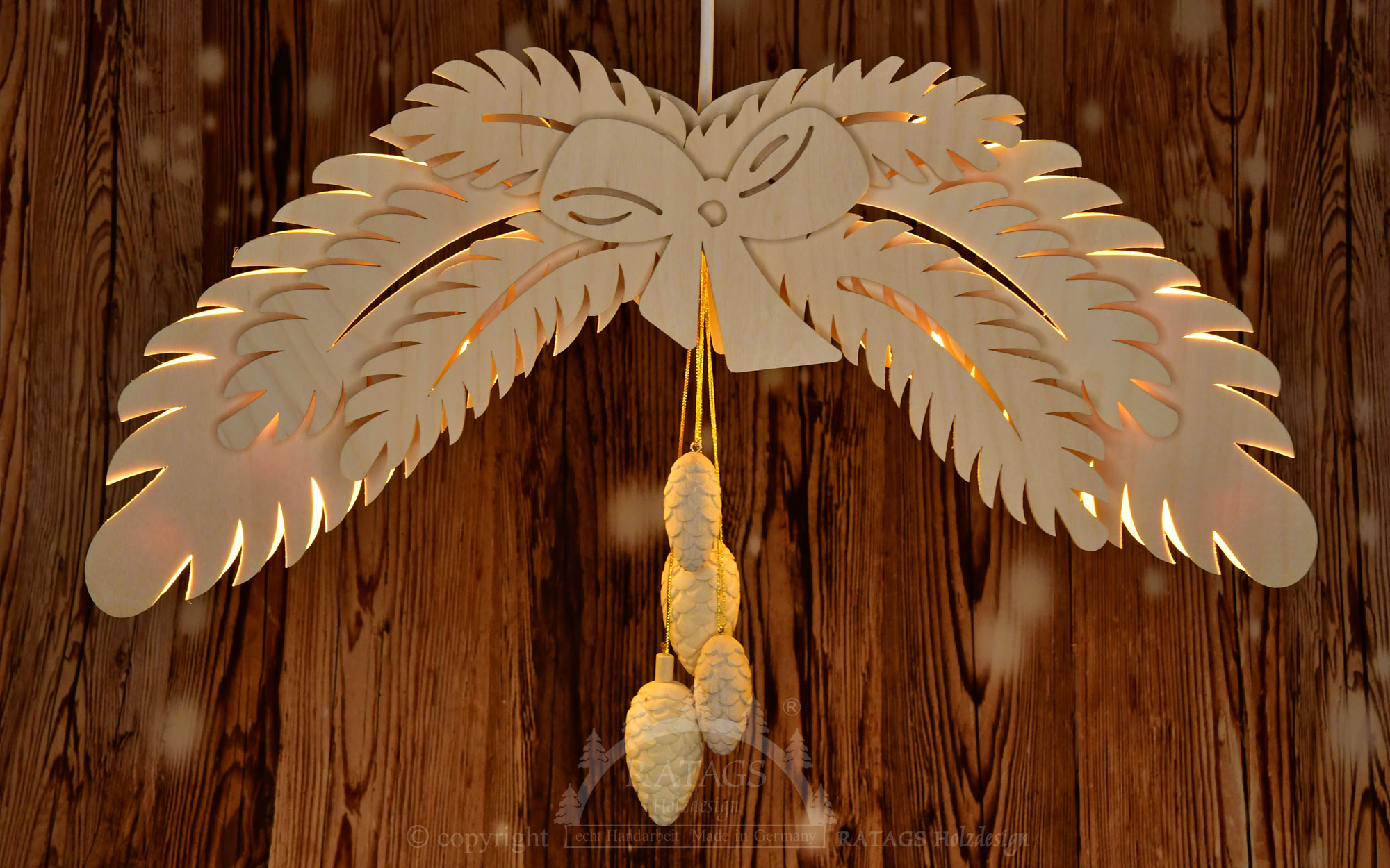 Window picture, illuminated, pine branch with cones