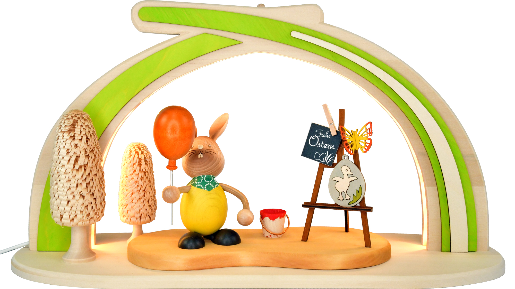 Massief houten boog Pasen, Stupsi met ballon, LED-strip