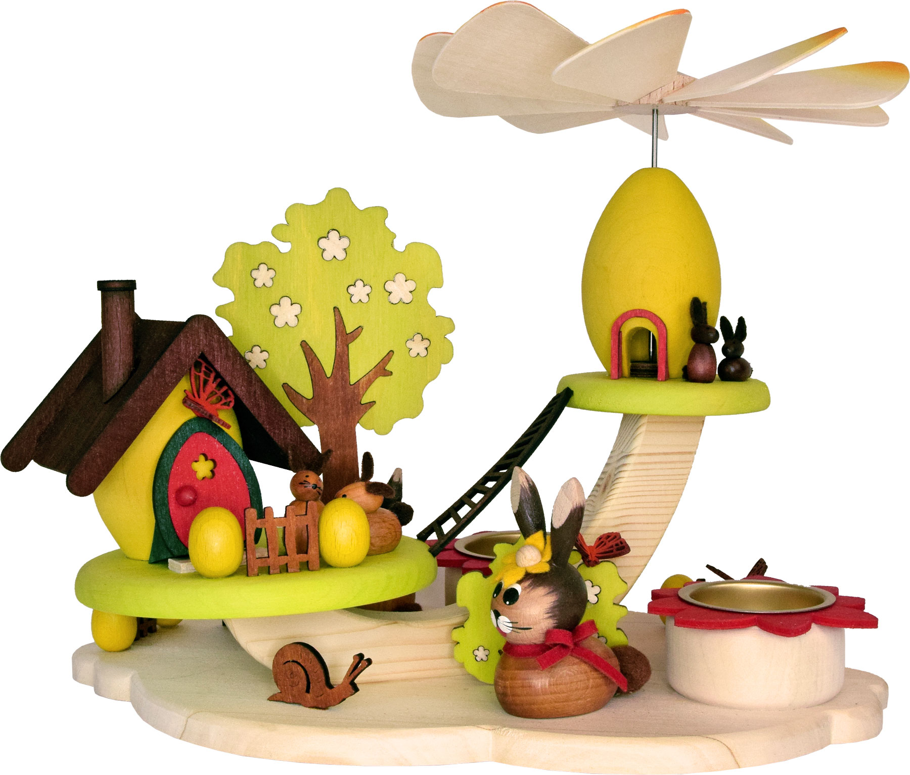 Easter egg pyramid with little houses and bunnies